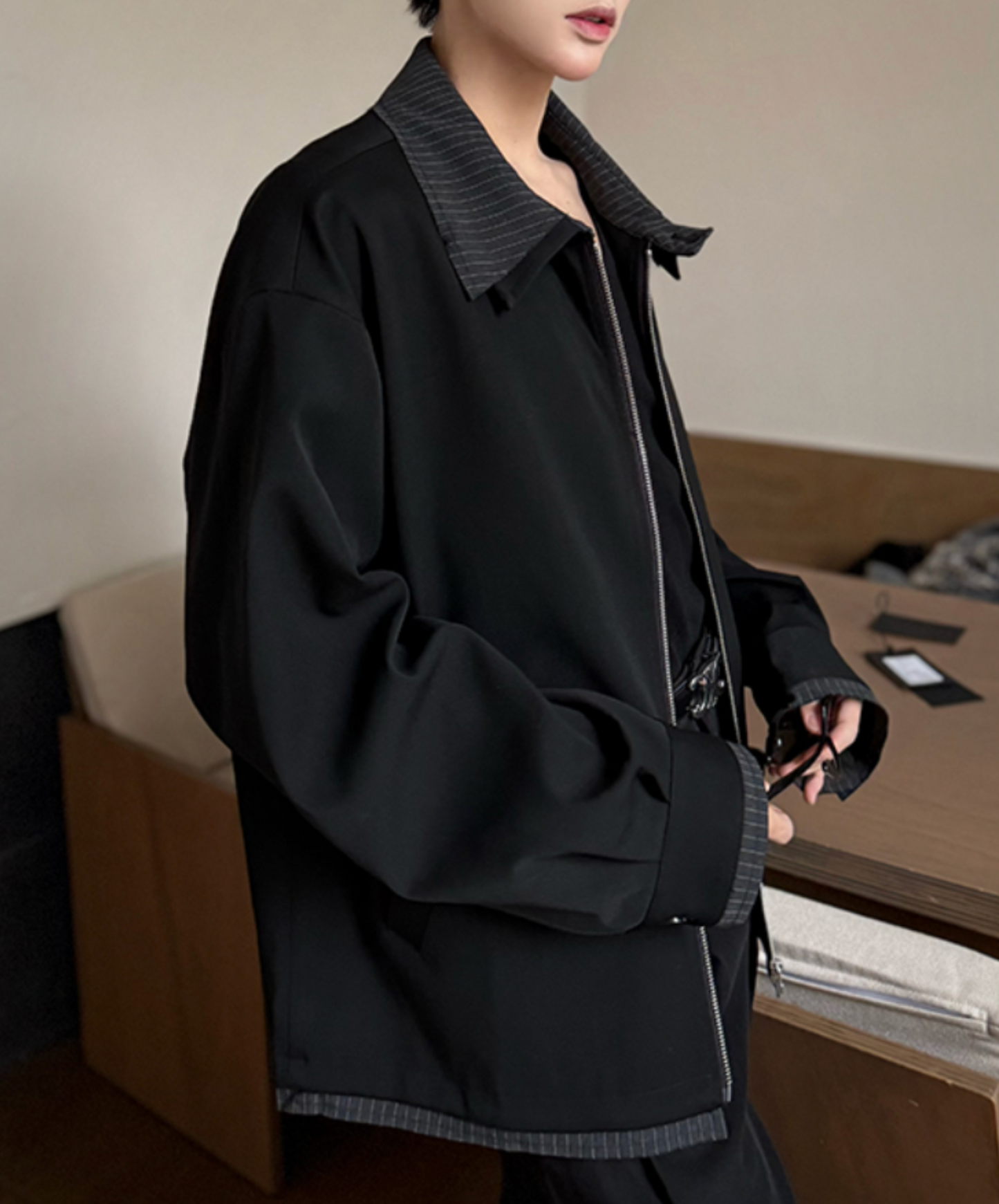 stitched contrast double collar jacket EN2015