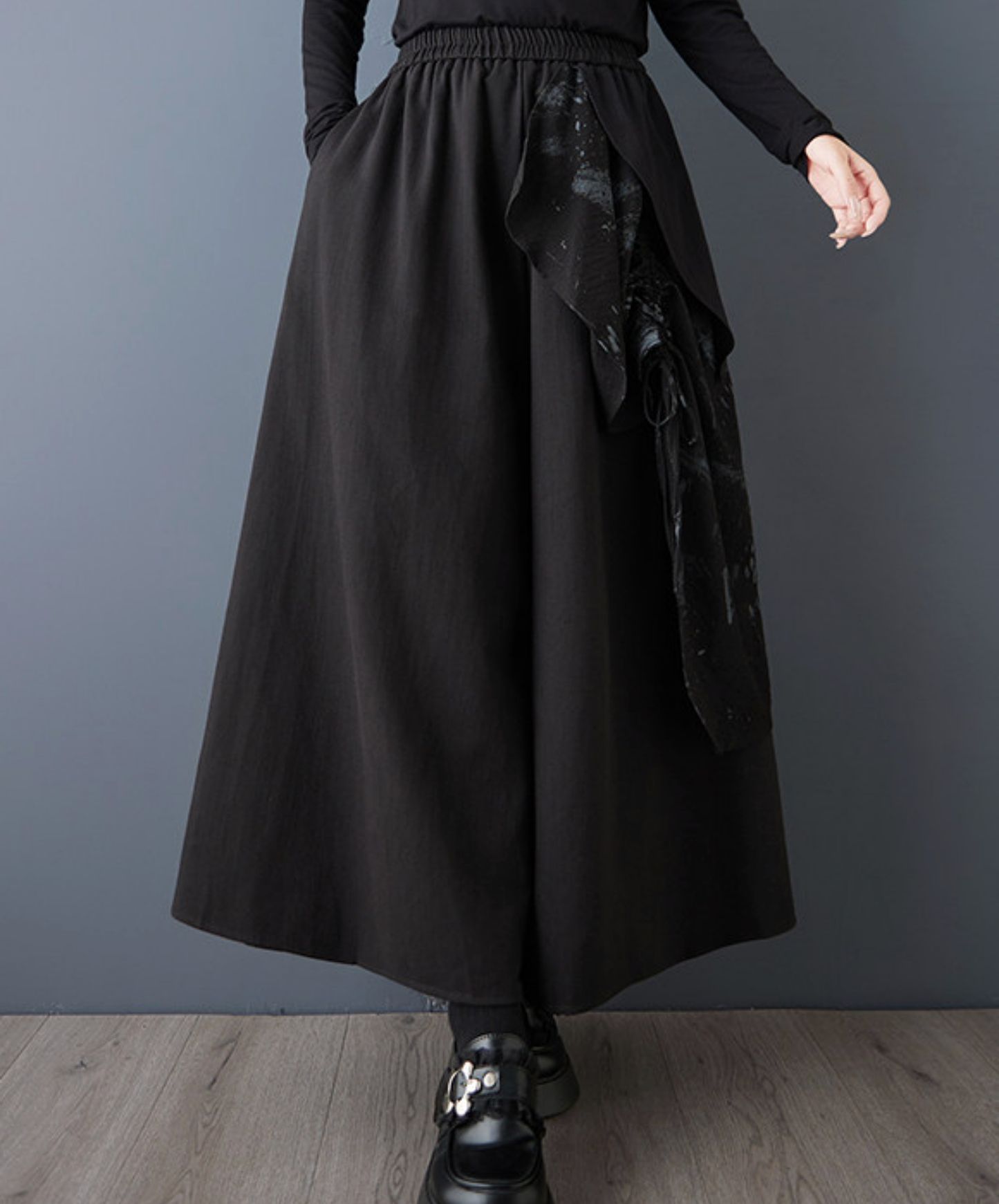 dark printed patchwork asymmetric wide pants EN2735