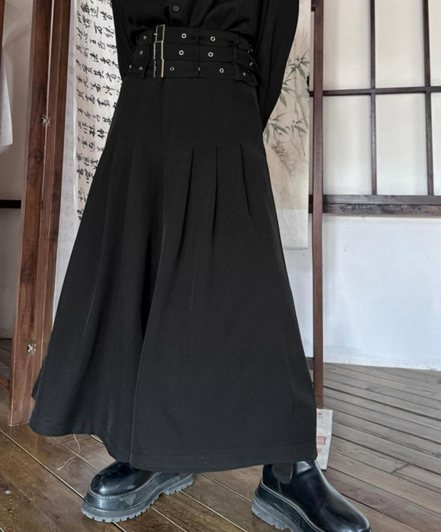 wide leg with three-stage belt long pants EN1526
