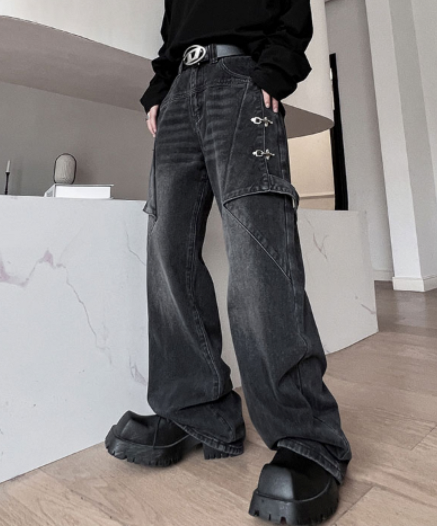 american retro distressed wash denim pants EN2118