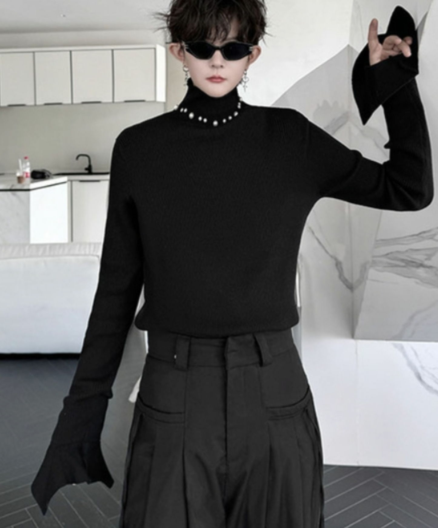 stand collar pearl decoration high gauge sweater EN1938