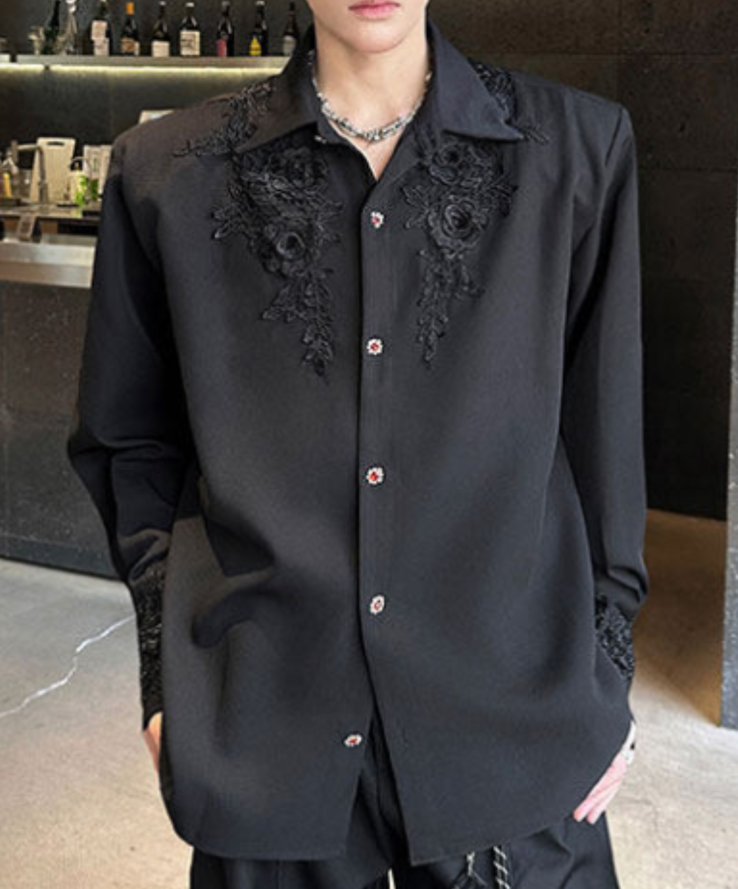 dark gorgeous 3d rose embroidery shirt EN2366