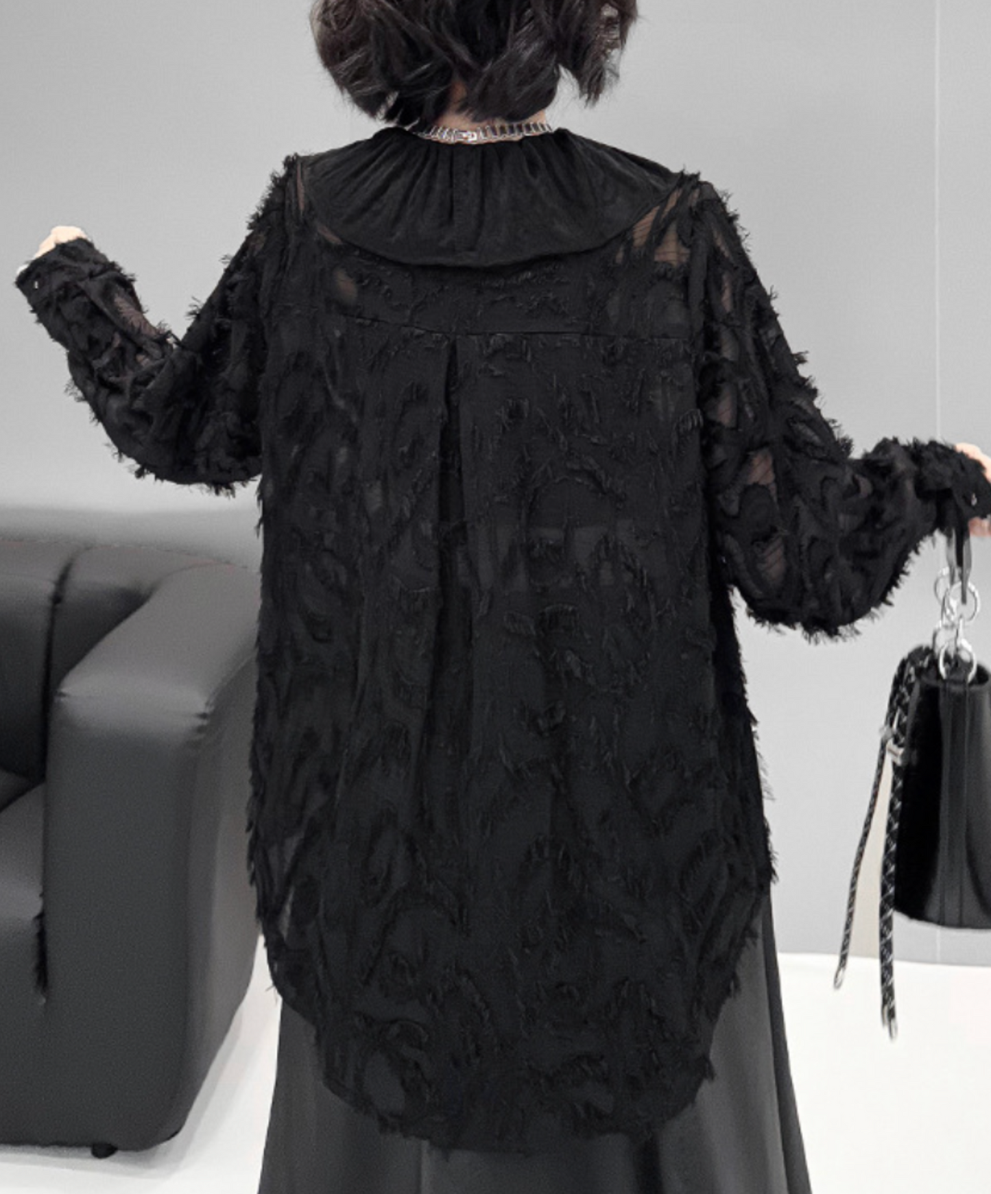 dark fringe lace & frills sheer shirt EN2318