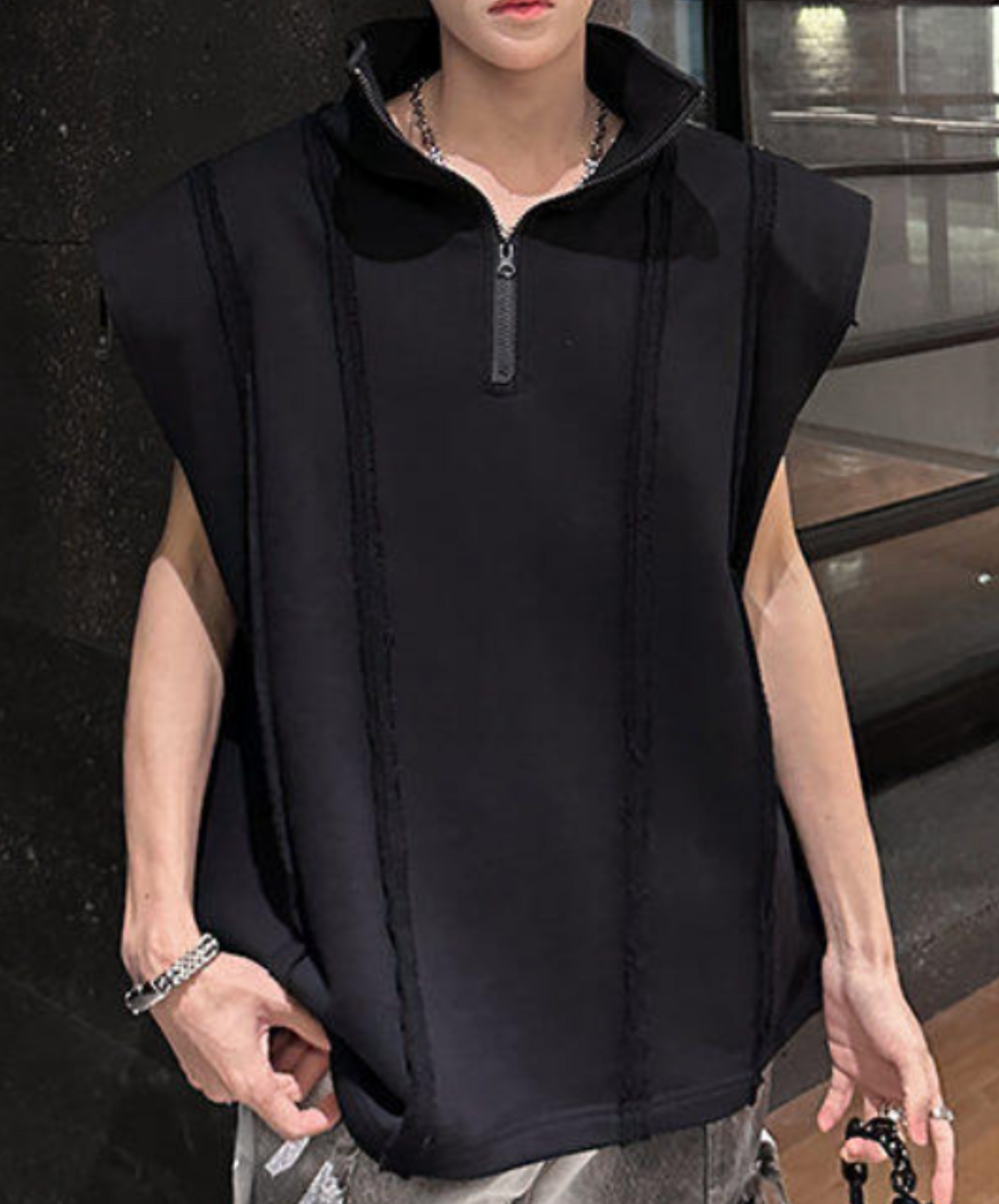 retro stripe half zip stand collar sleeveless shirt EN2193
