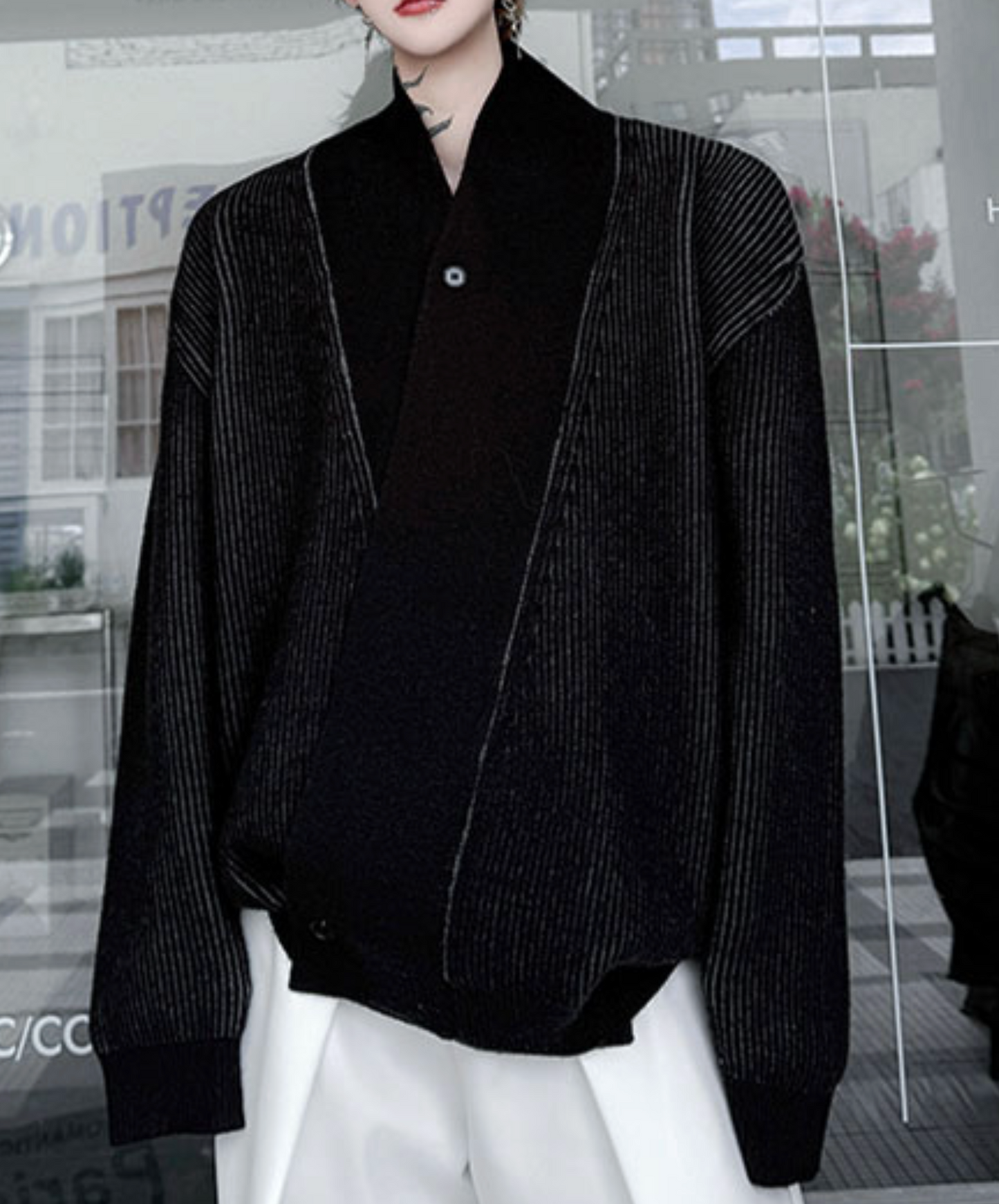 plain x striped knit cardigan EN2531