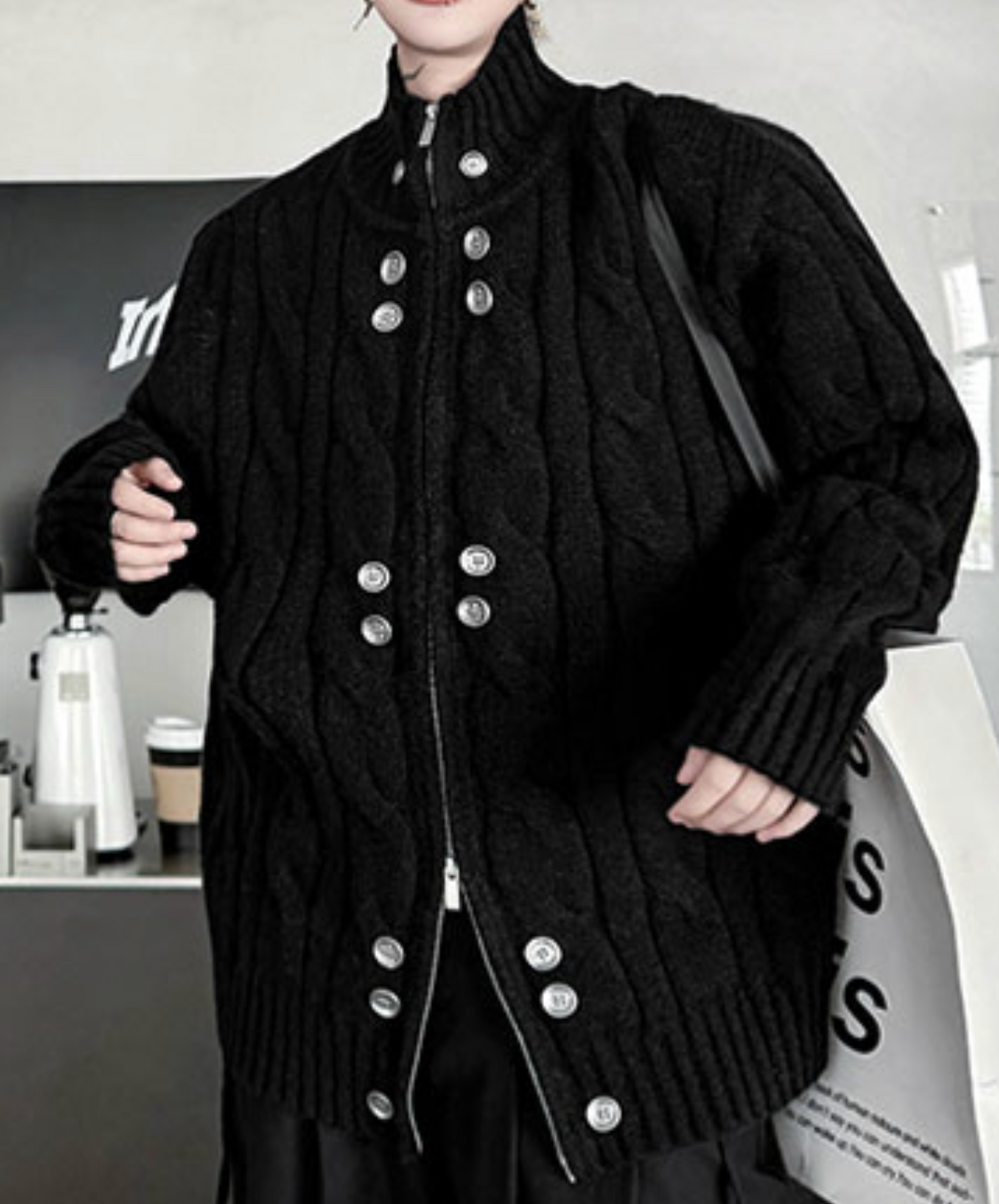 button design stand collar loose sweater EN2475