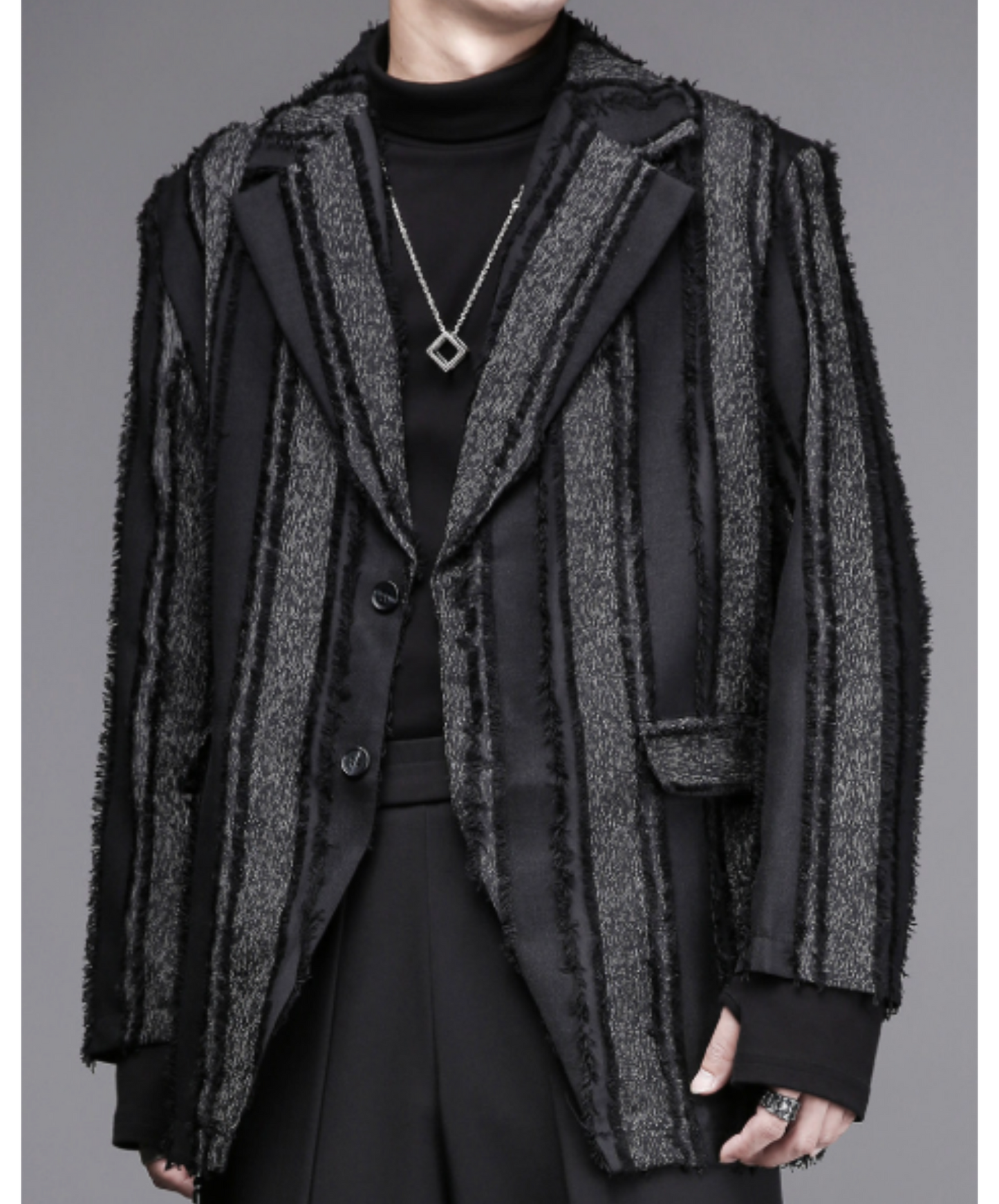 dark striped tassel trim distressed jacket EN2697