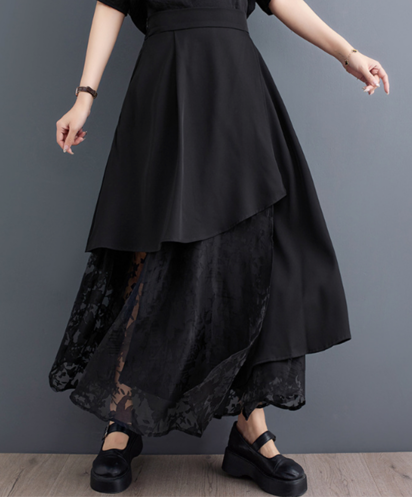 mixed material lacy a-line long skirt EN1957