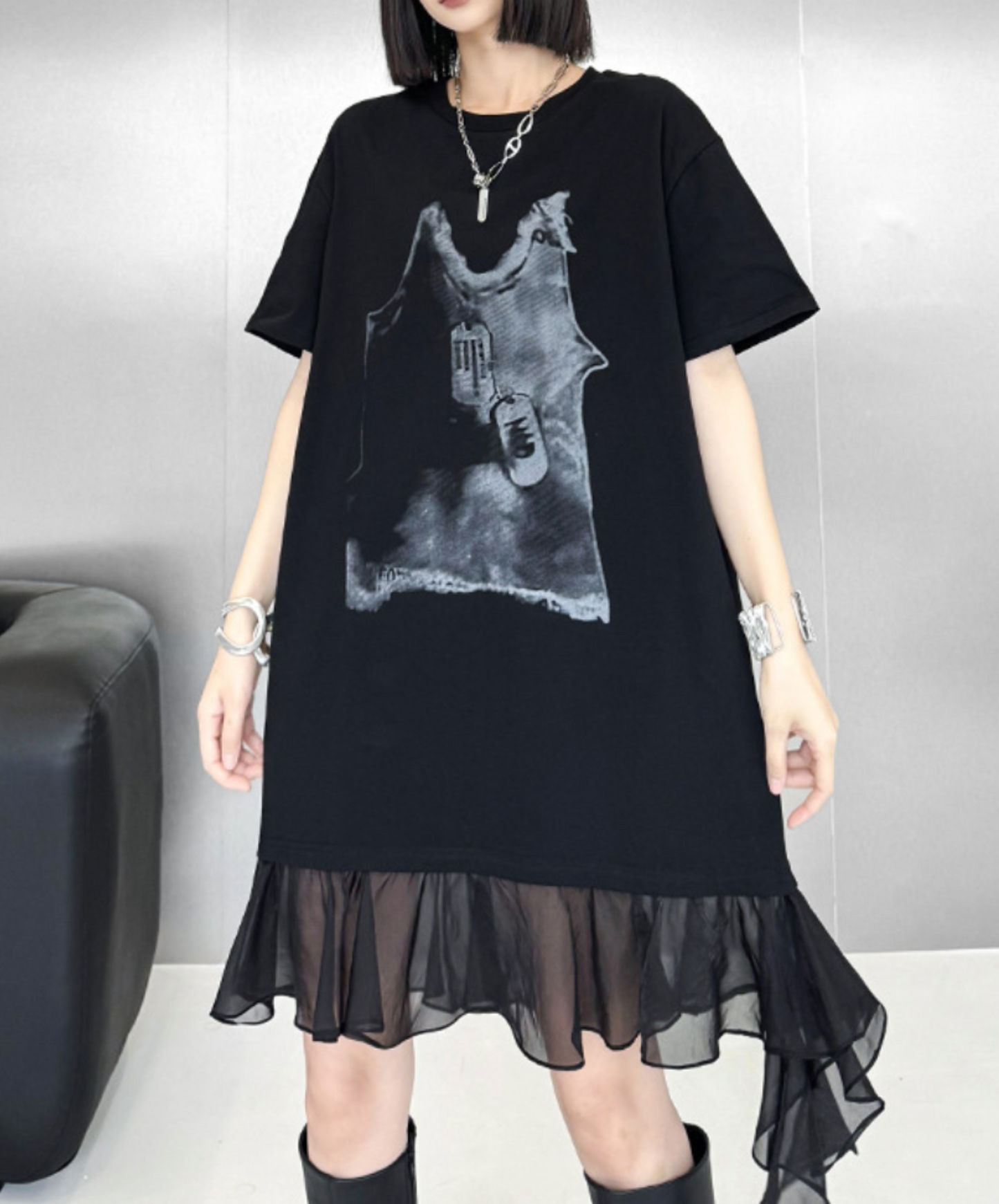 tulle ribbon print at hem t-shirt EN2307