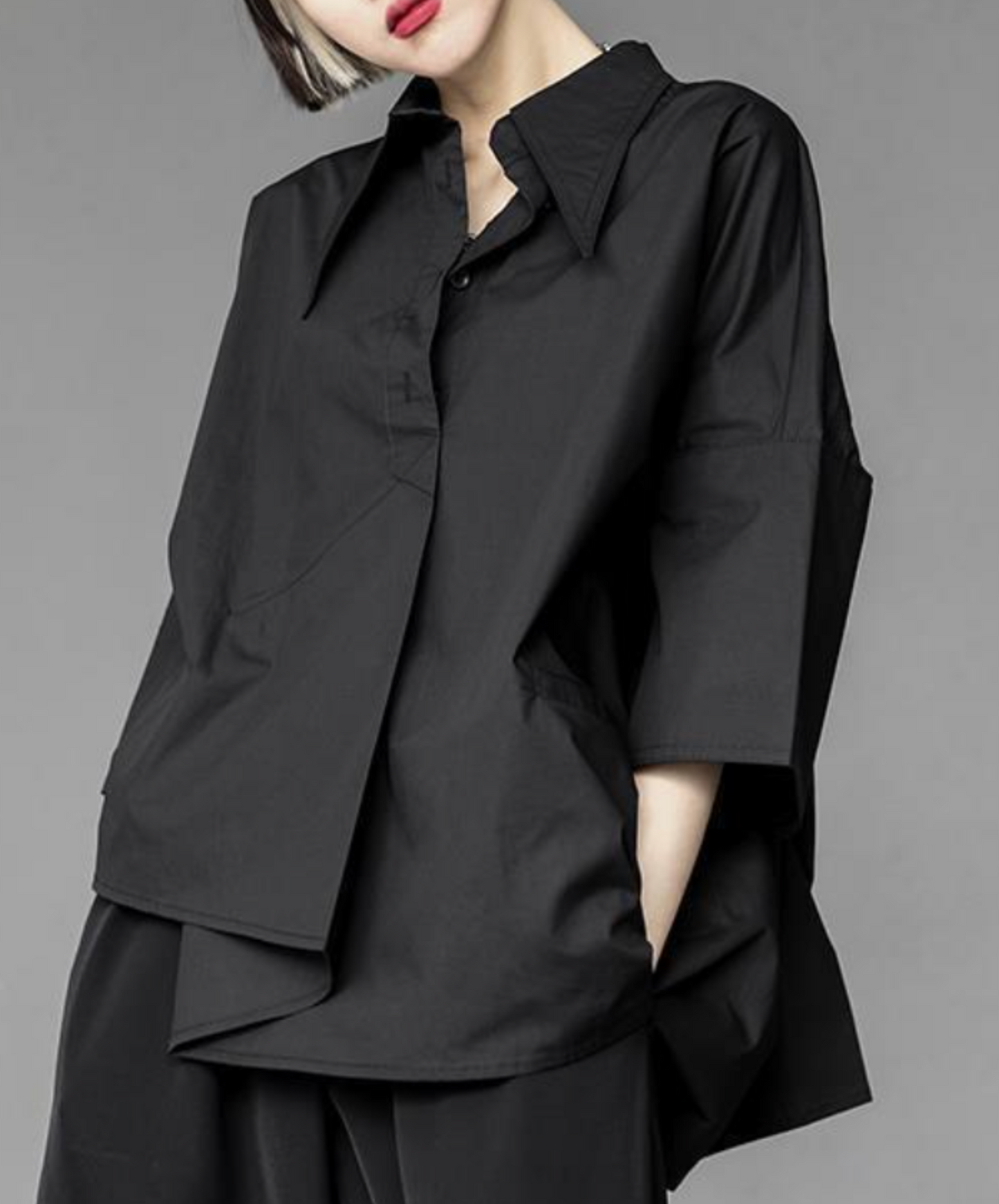 dark asymmetric tuck drape shirt EN2141