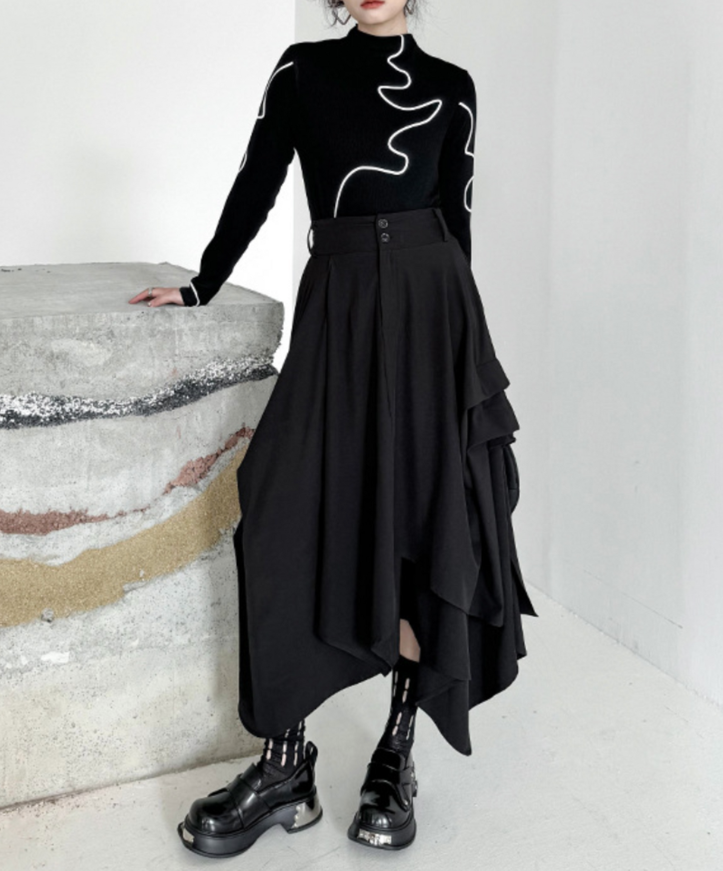 dark asymmetric drape buttons skirt EN2330