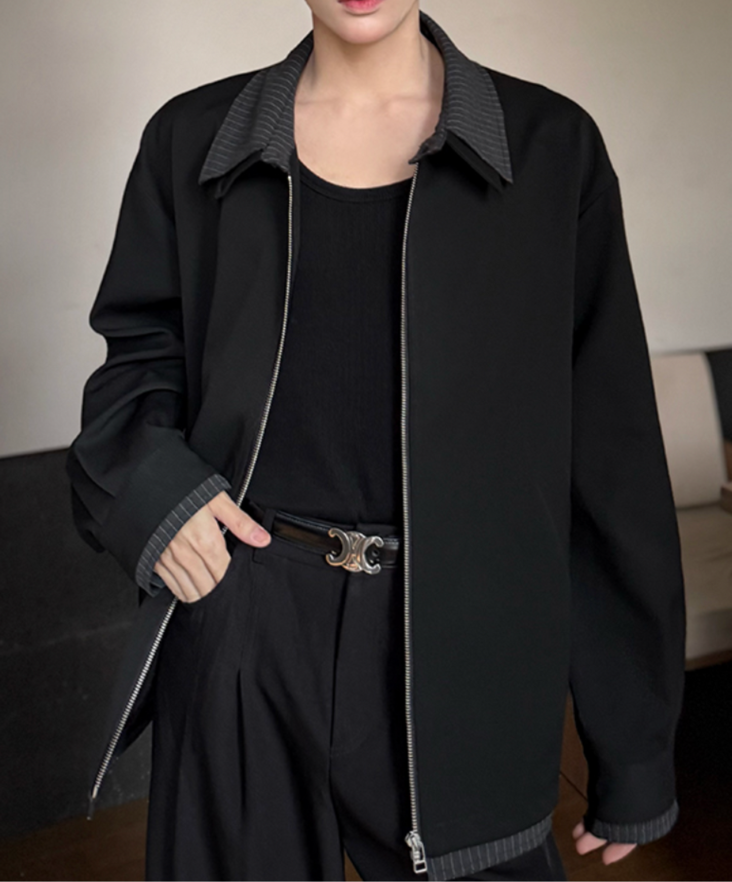 stitched contrast double collar jacket EN2015