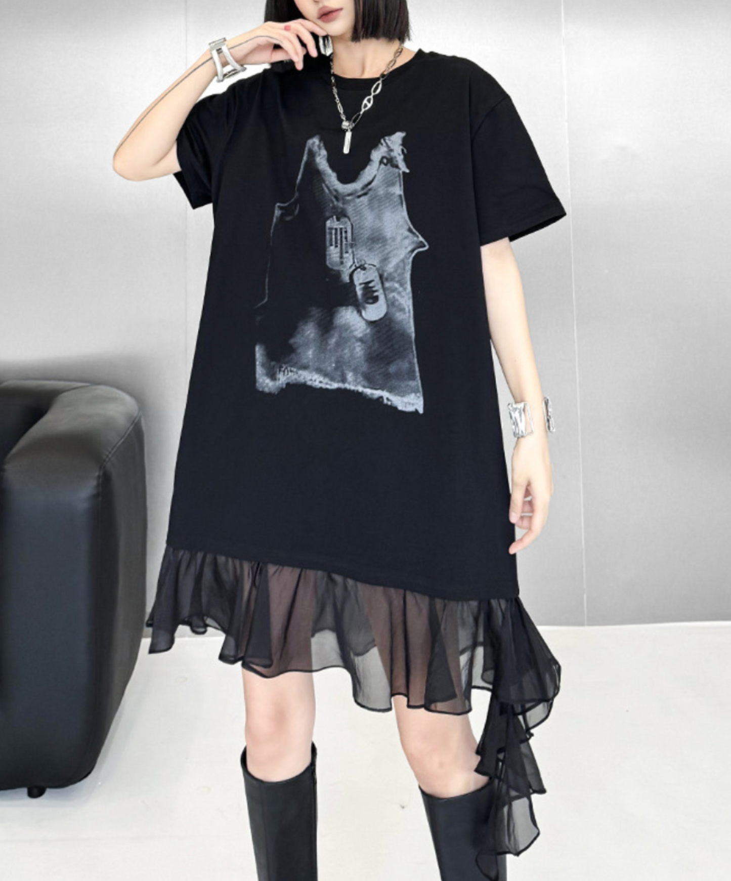 tulle ribbon print at hem t-shirt EN2307