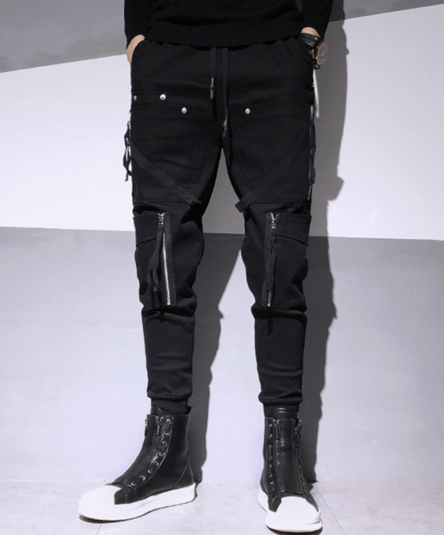 dark fringe x zipper x rivet decoration cargo pants EN2201