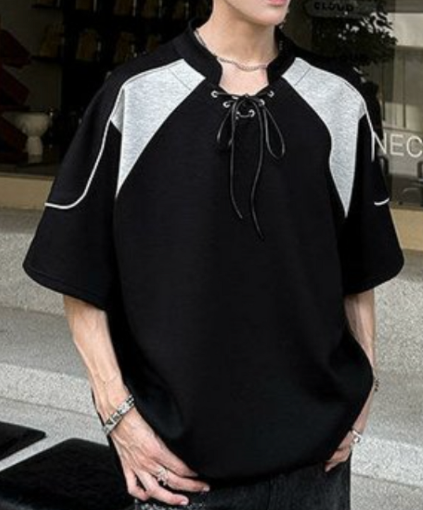 contrast stitched drawstring t-shirt EN2203