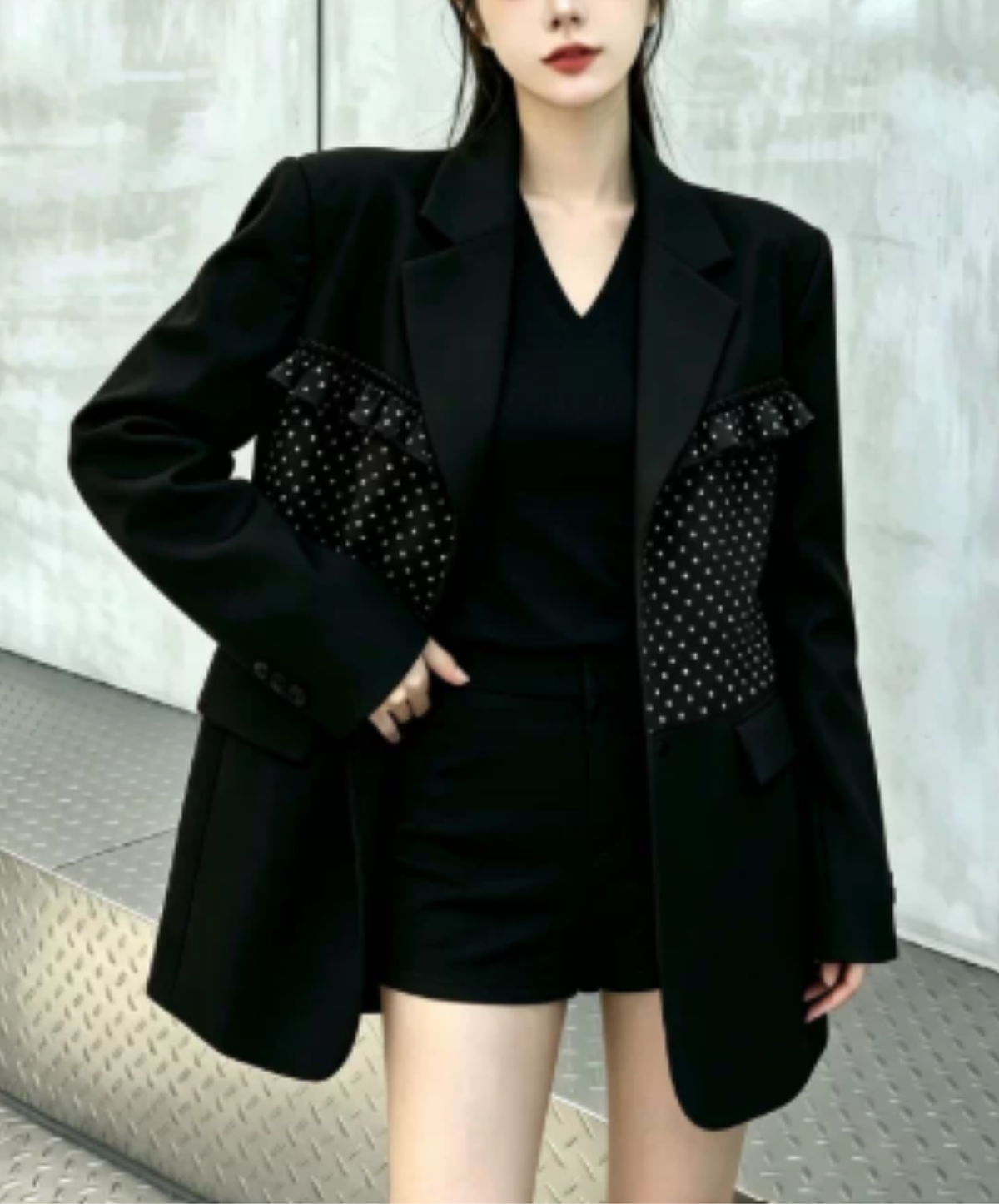 ruffle detail with a polka-dot bow tie jacket EN3167