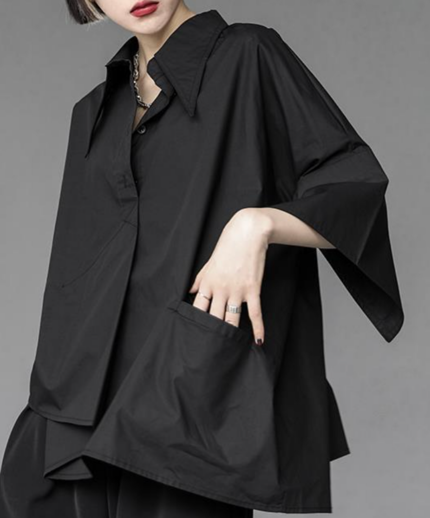 dark asymmetric tuck drape shirt EN2141