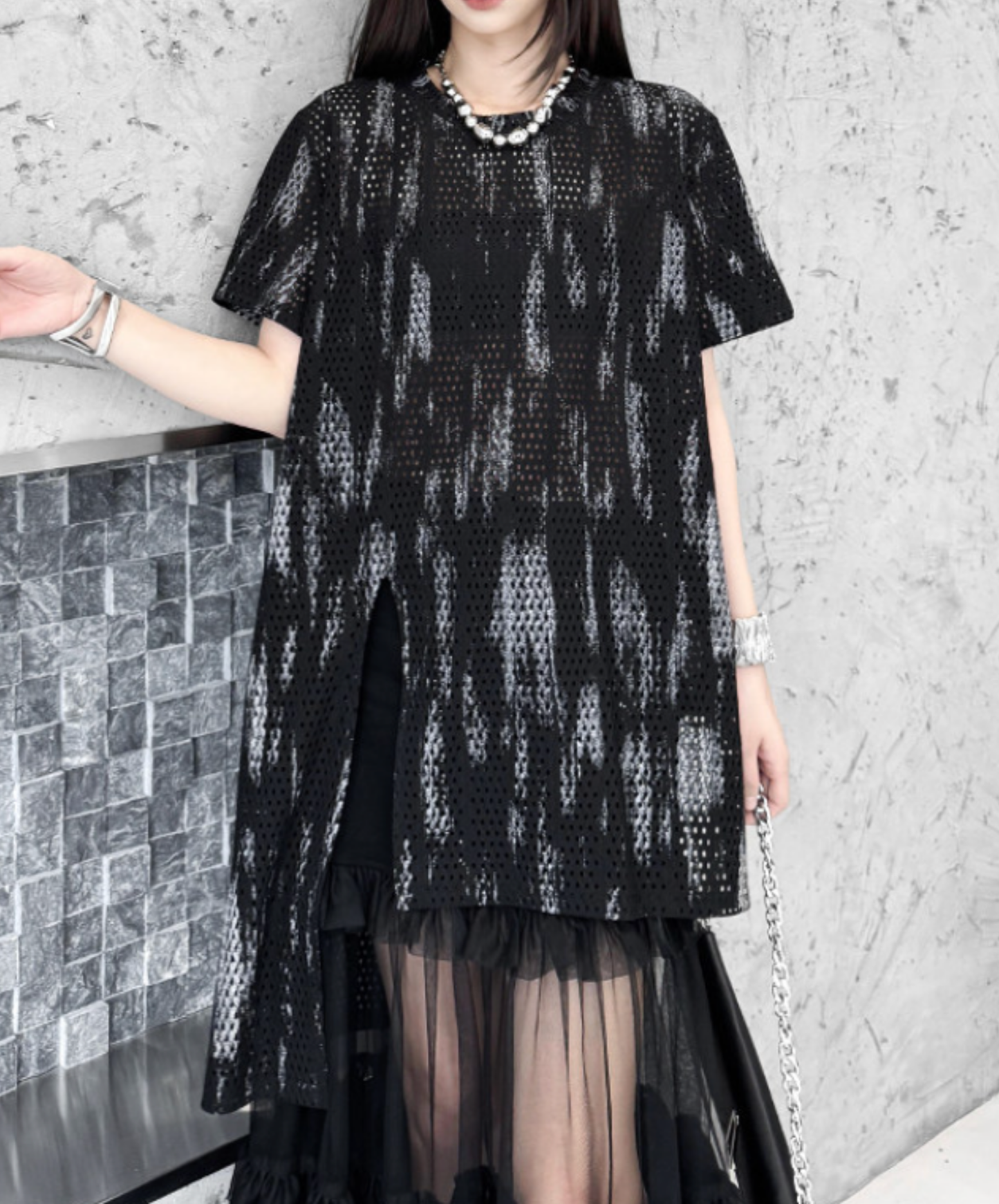 printed mesh asymmetrical t-shirt EN2840