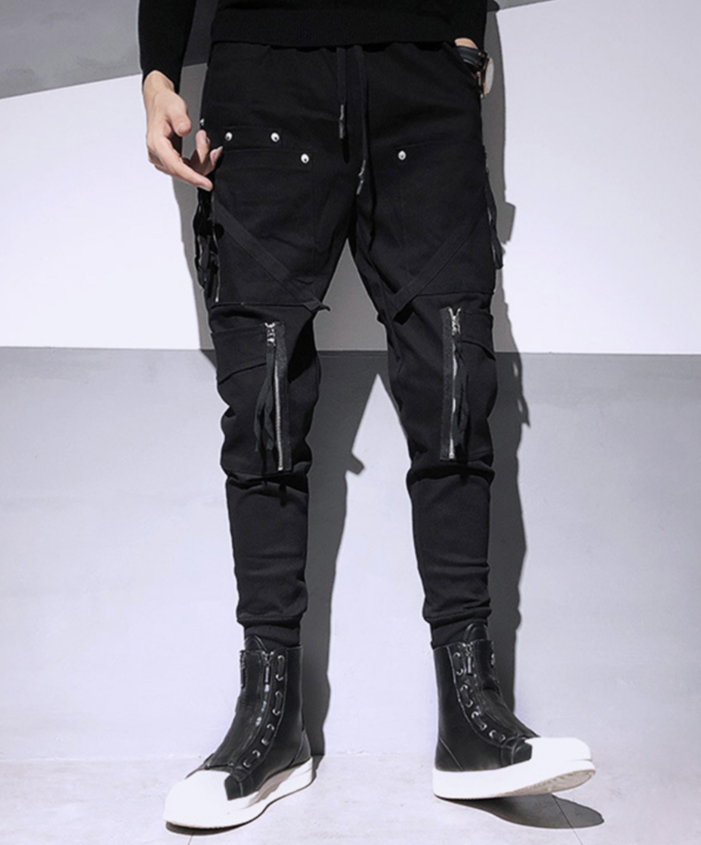 dark fringe x zipper x rivet decoration cargo pants EN2201