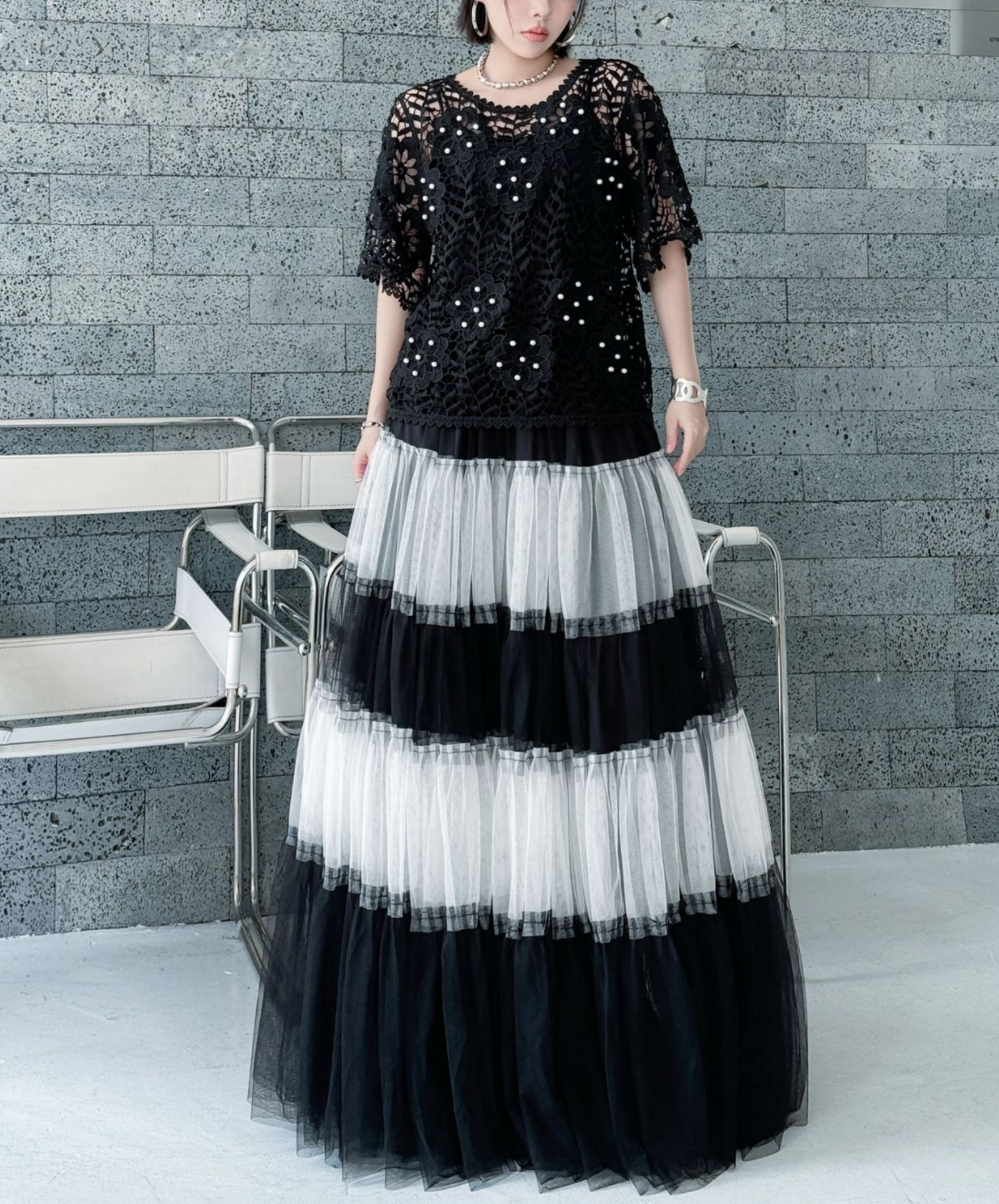 monotone border tulle skirt EN2282