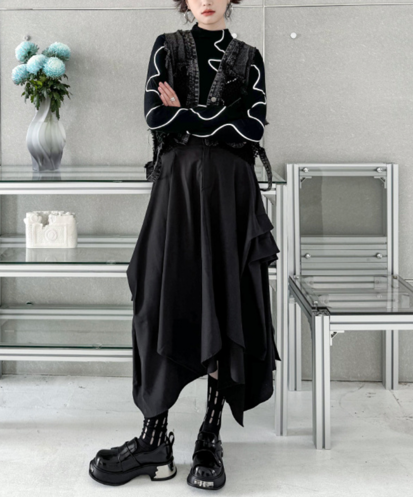 dark asymmetric drape buttons skirt EN2330