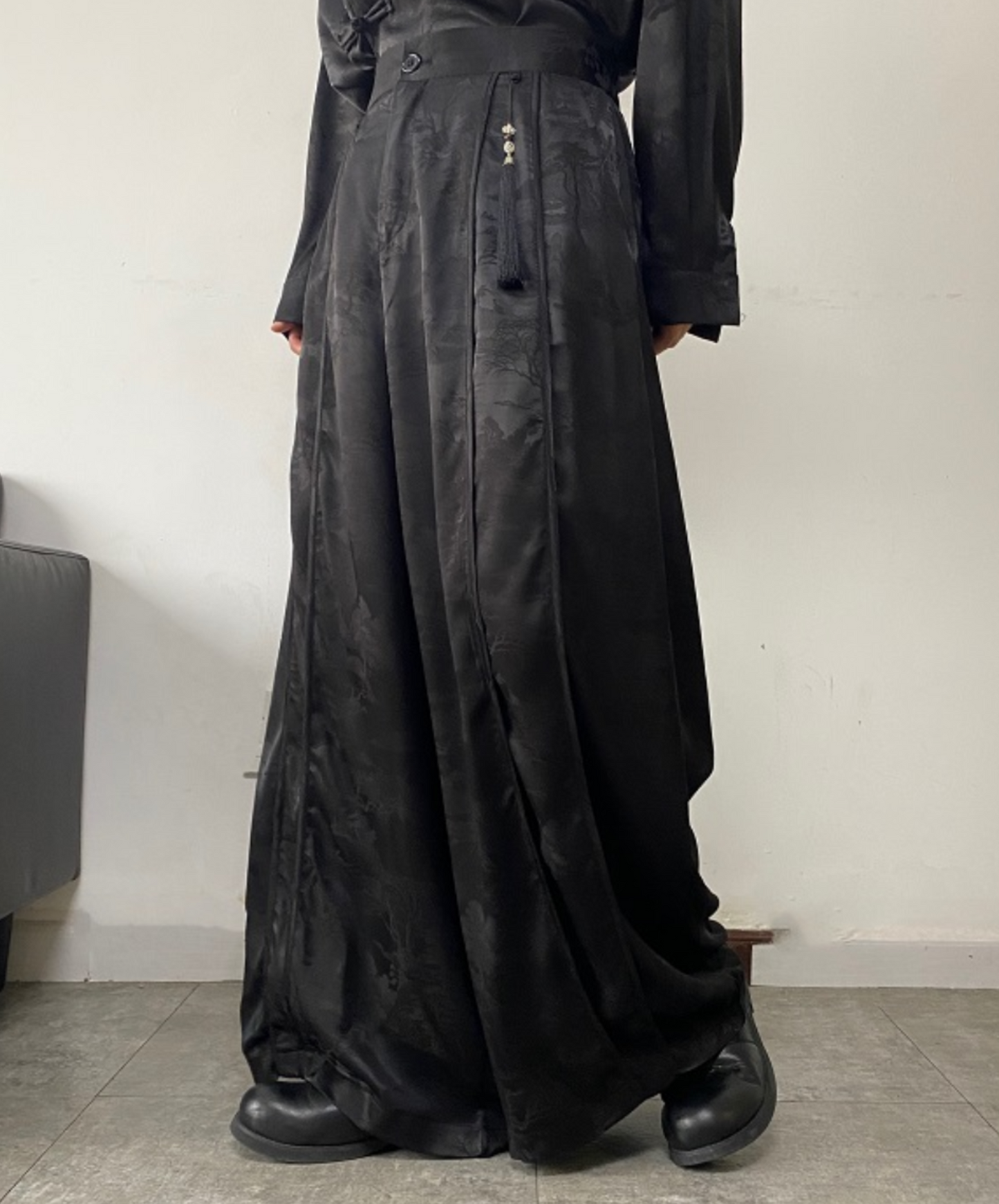 with chinese style printed tassel long pants EN1518