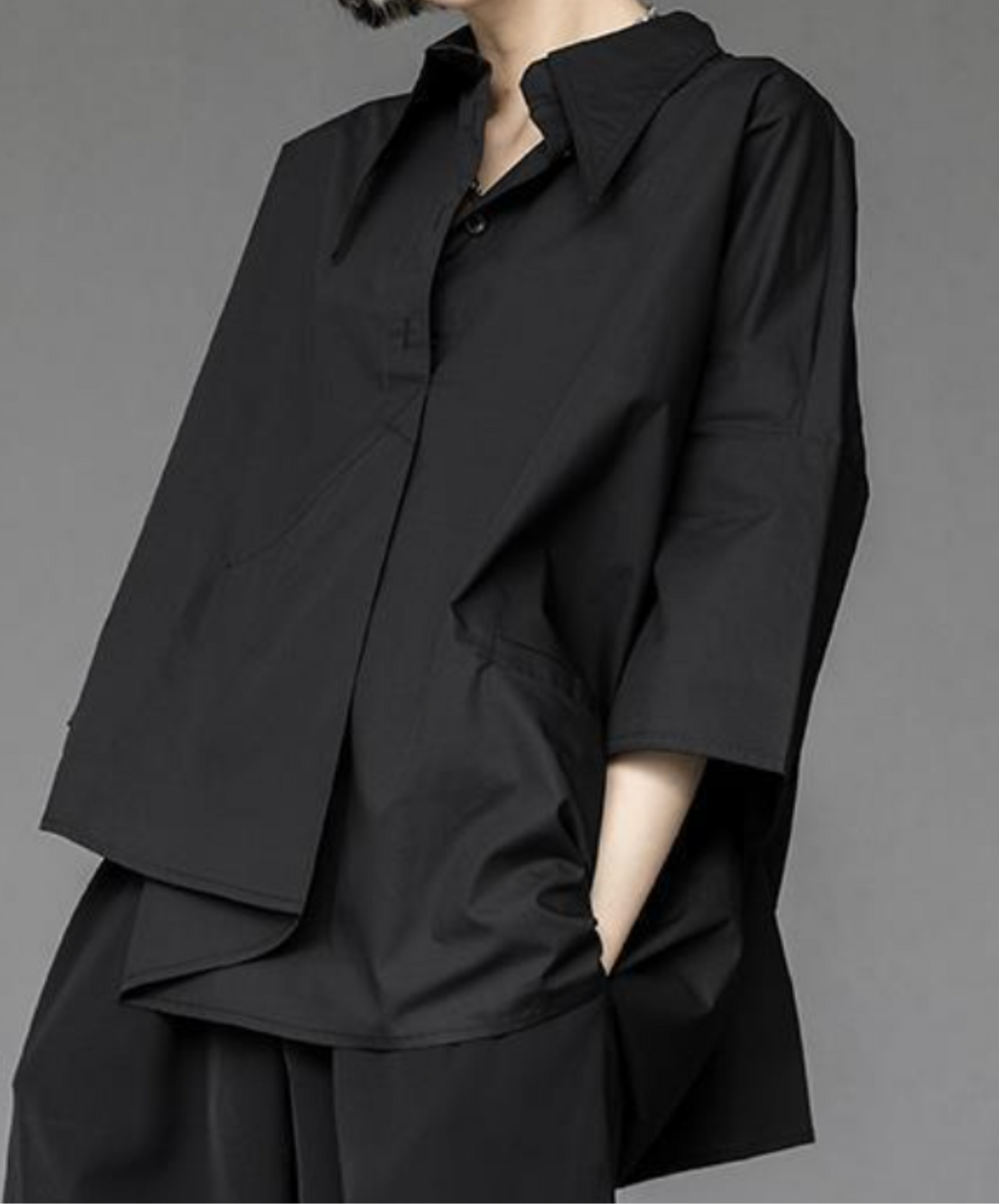 dark asymmetric tuck drape shirt EN2141