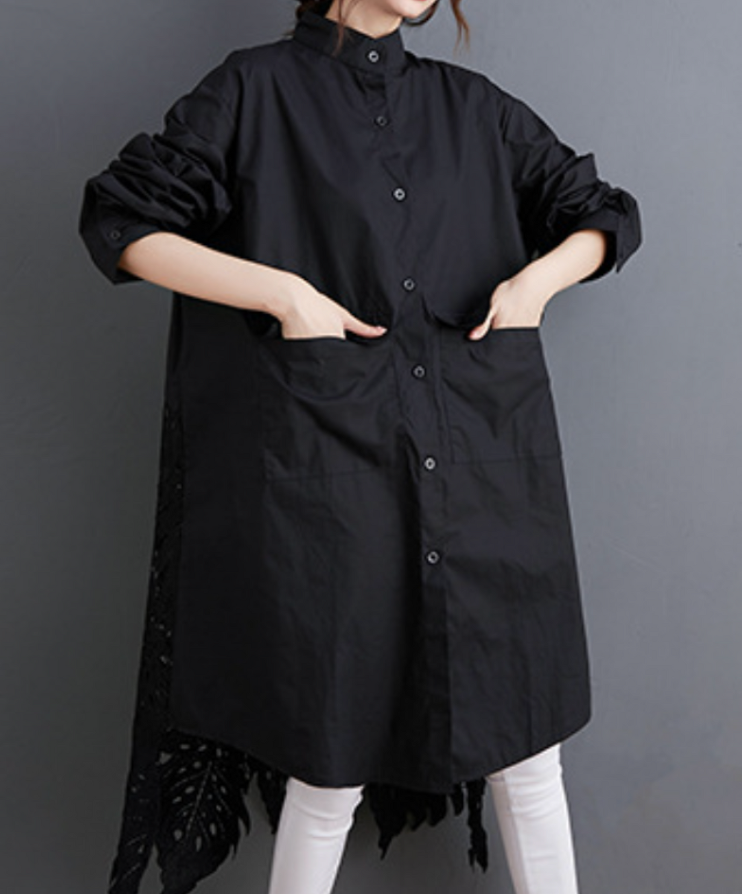 leaf motif lace fishtail long shirt EN2294