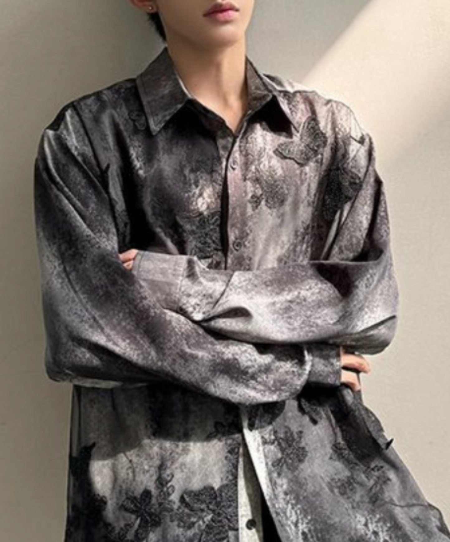dark lace with 3d butterfly embroidery shirt EN2325