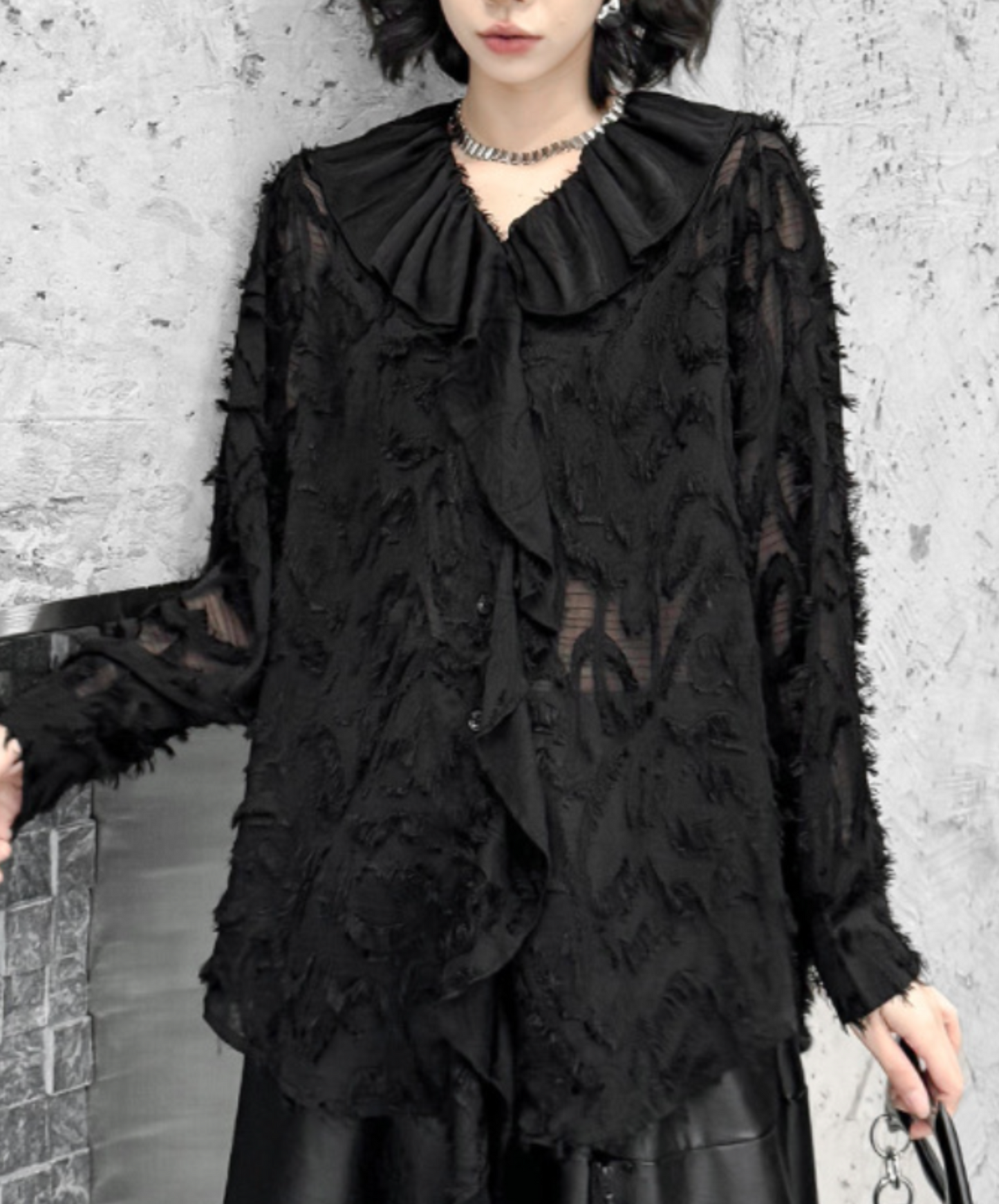 dark fringe lace & frills sheer shirt EN2318