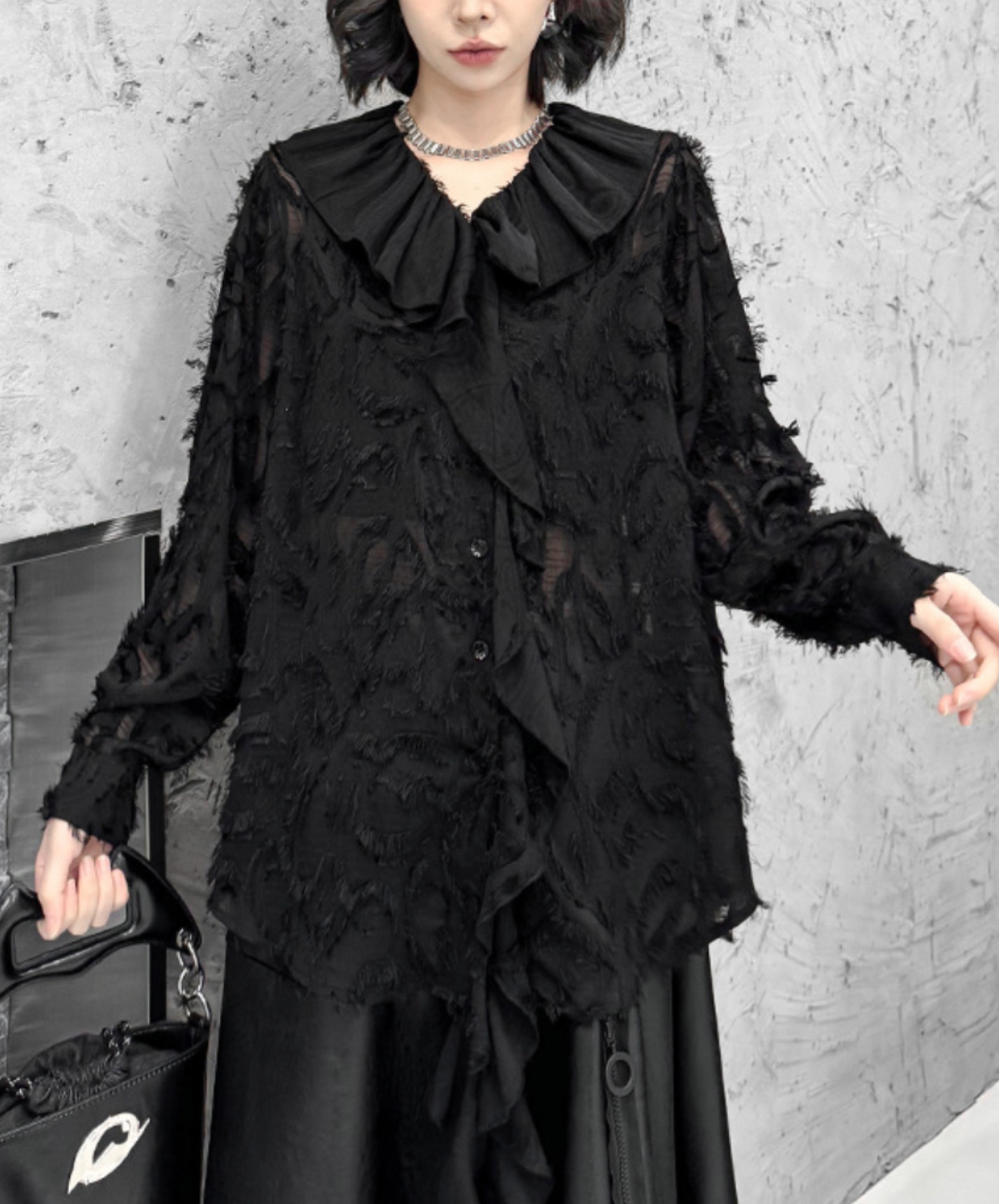 dark fringe lace & frills sheer shirt EN2318