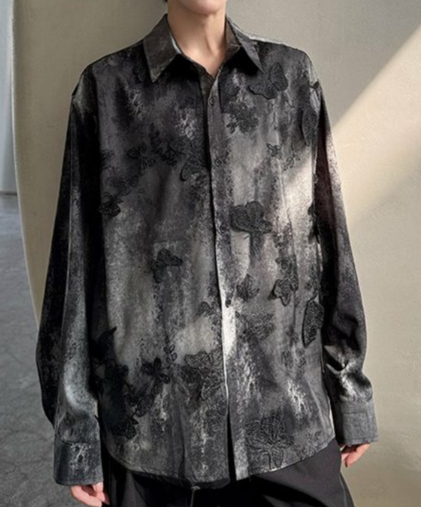 dark lace with 3d butterfly embroidery shirt EN2325