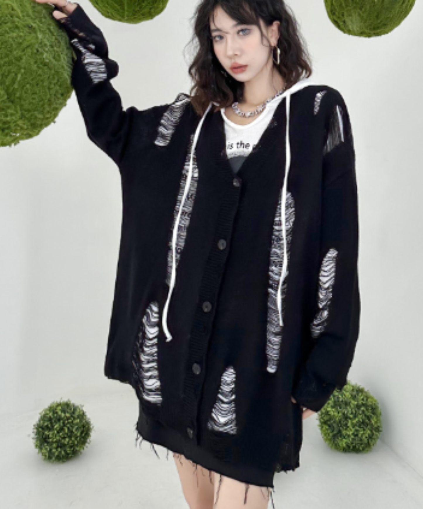 dolman-sleeve top with heavy distressing cardigan EN3123