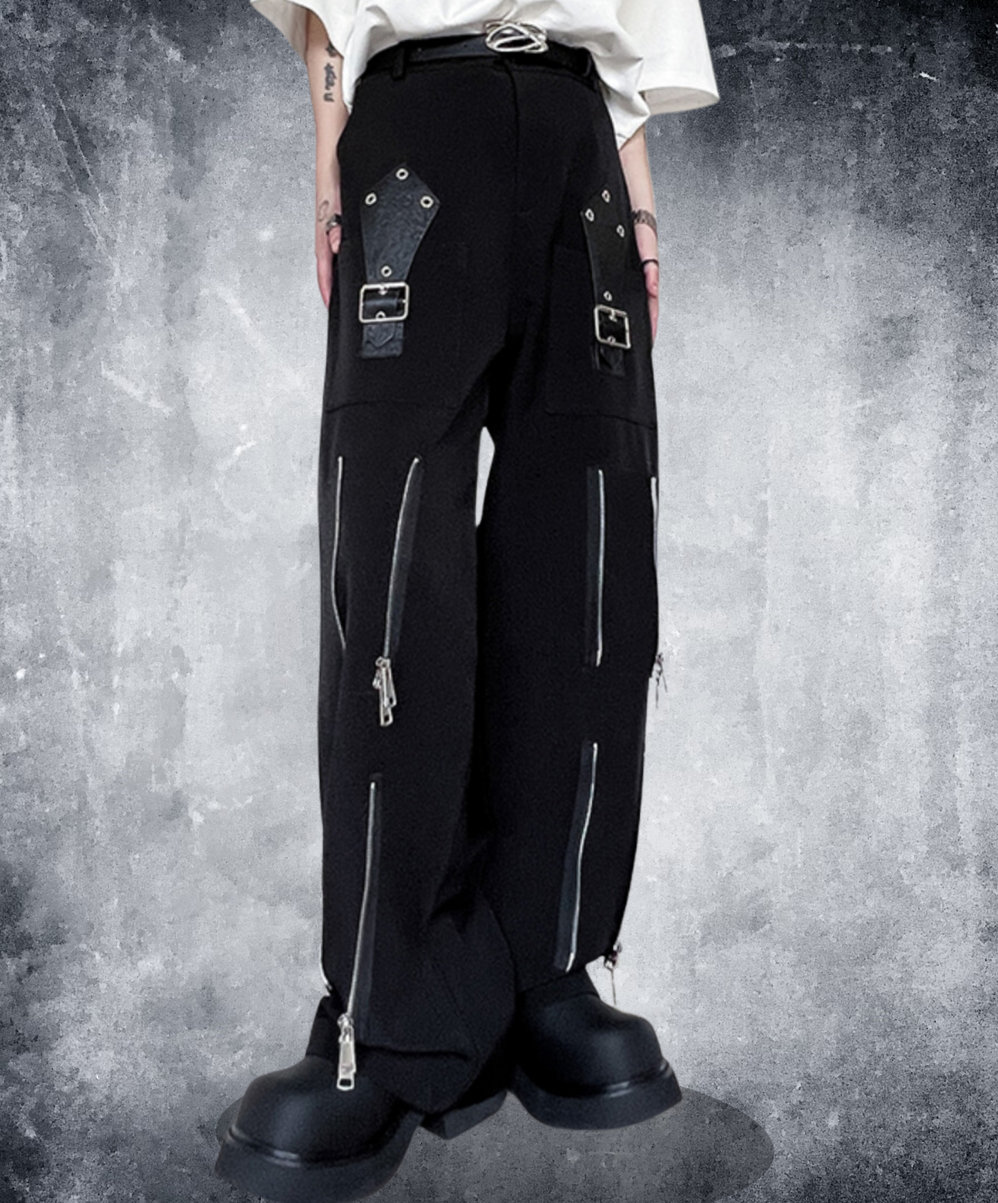 dark deformed zip-up leather buckle flare pants EN1817