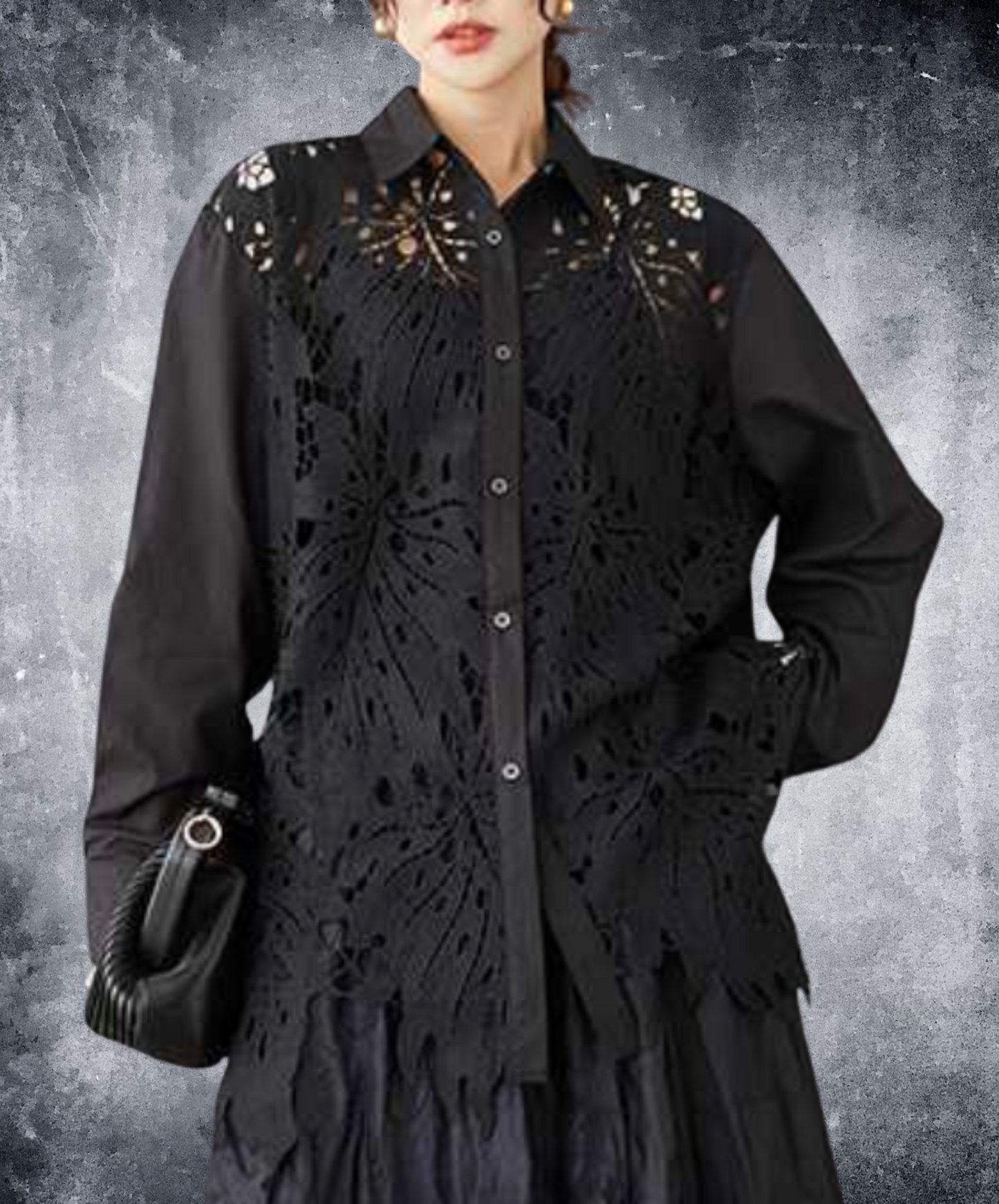 random leaf motif lace sheer shirt EN2295