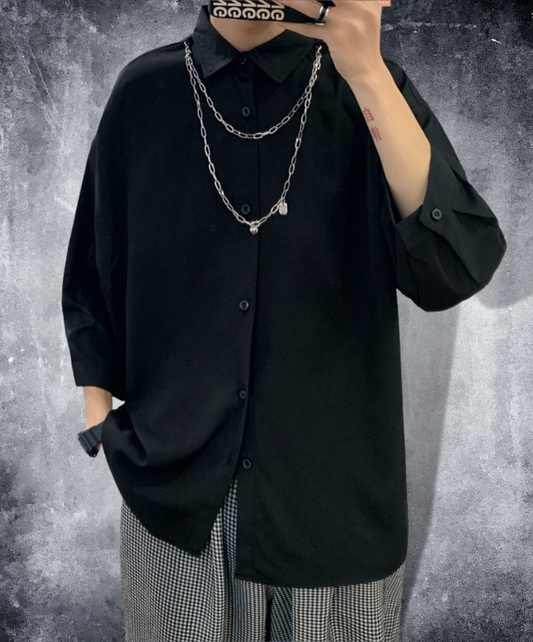 dark double layer necklace three quarter sleeve shirt EN864