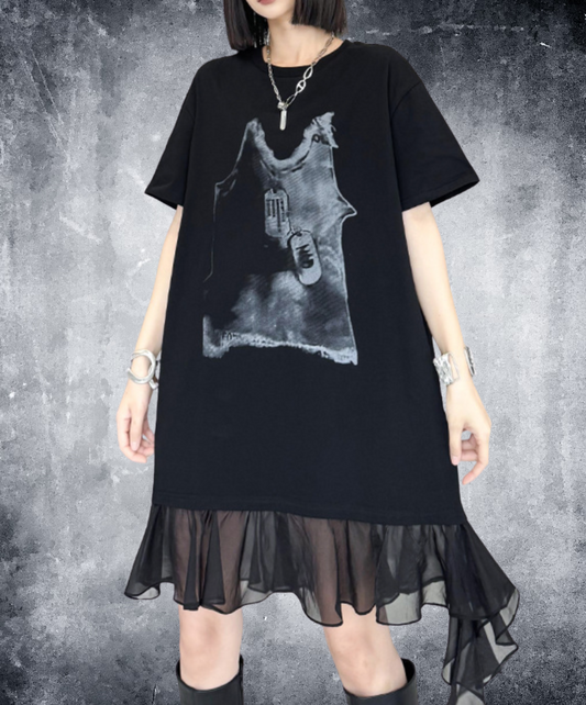 tulle ribbon print at hem t-shirt EN2307