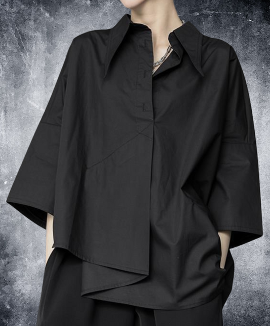dark asymmetric tuck drape shirt EN2141