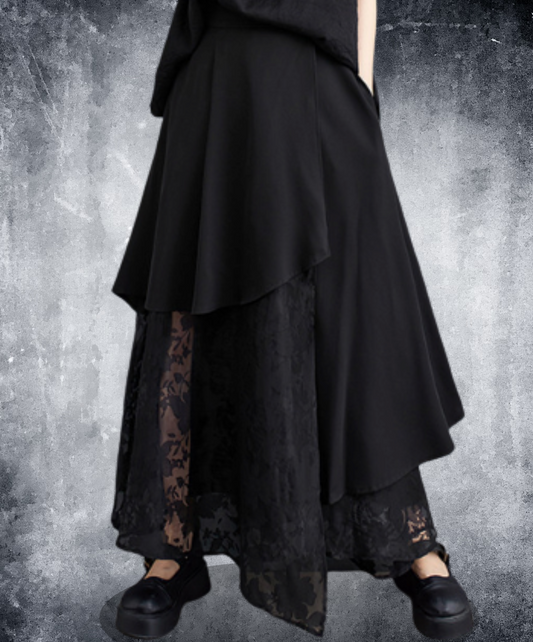 mixed material lacy a-line long skirt EN1957
