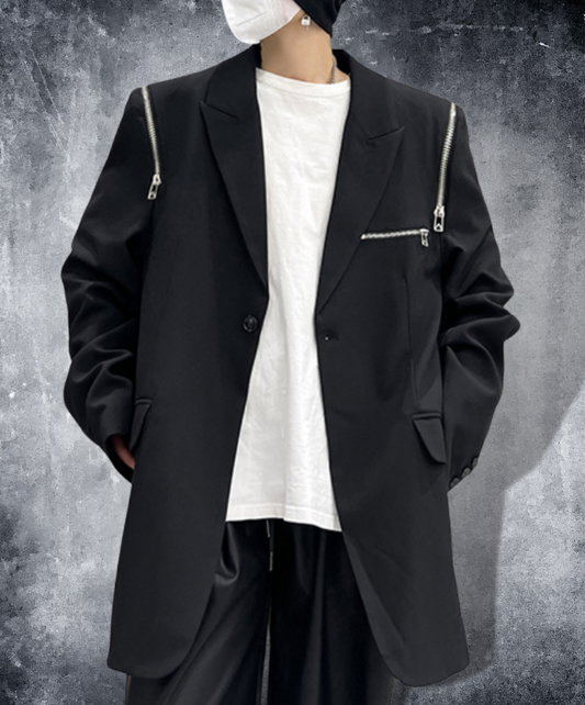 dark metal zip up design loose jacket EN1534