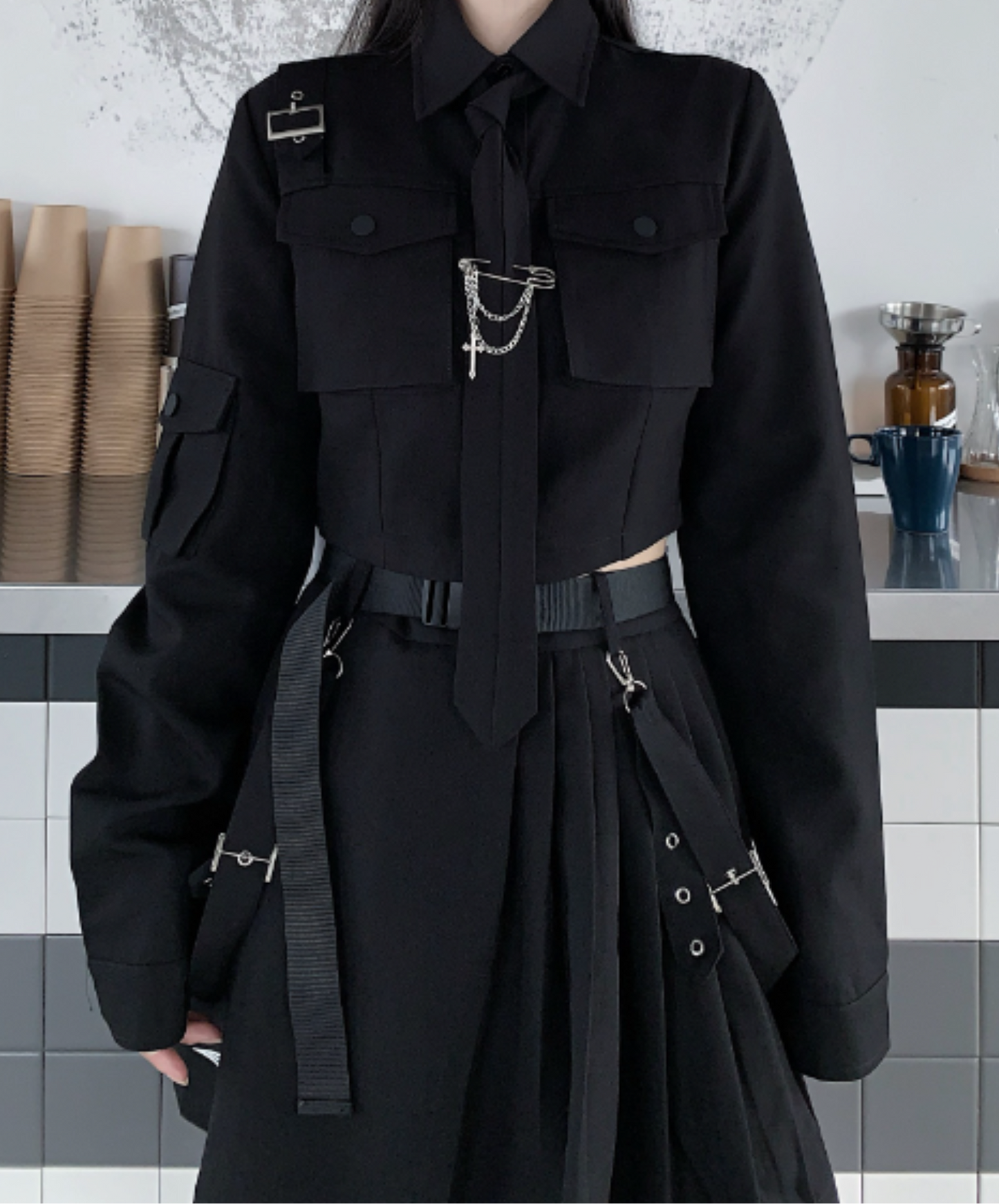 【style72】dark mode outfit set EN1981( shirt+ skirt set)