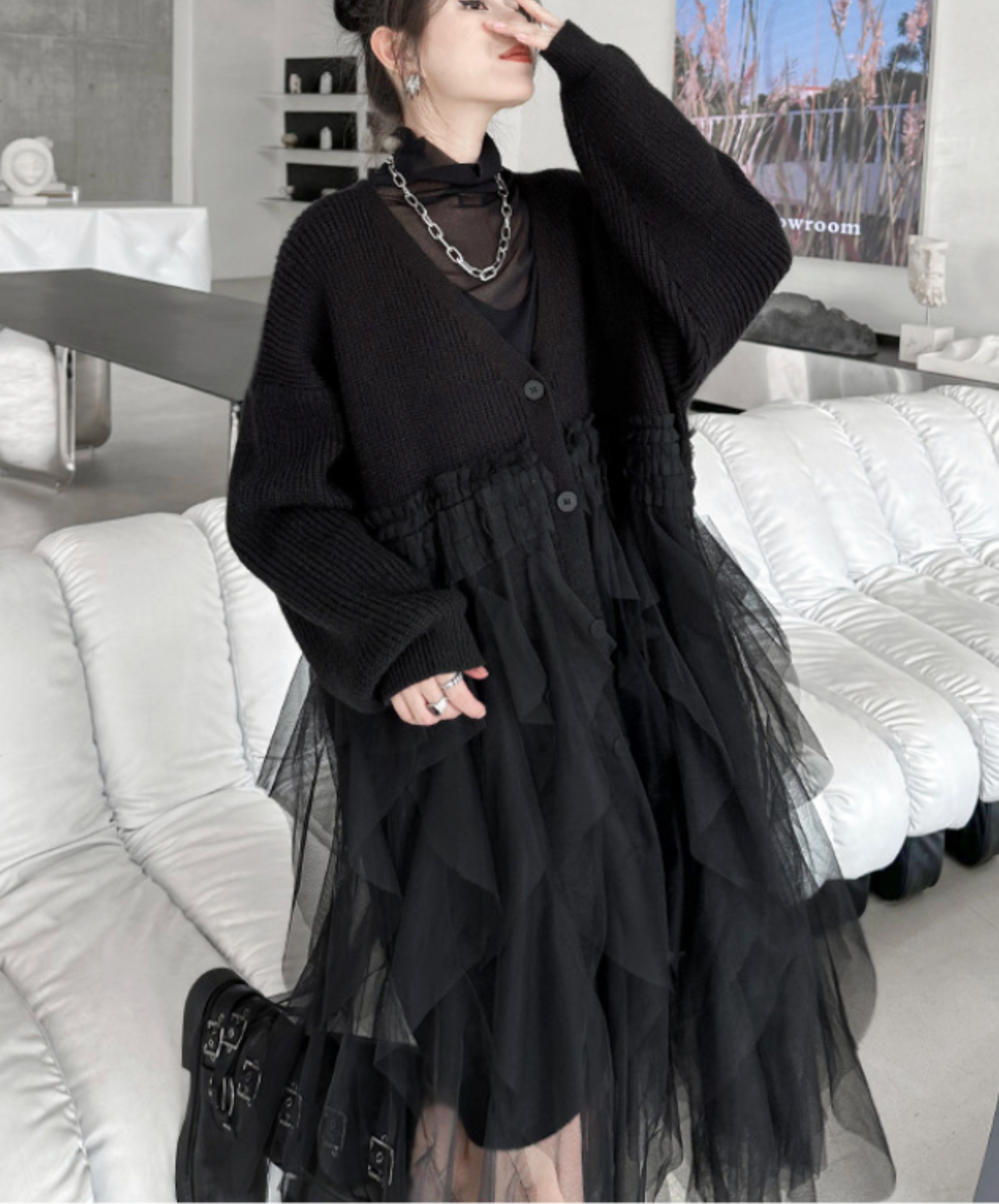layered ruffle tulle cardigan EN2448