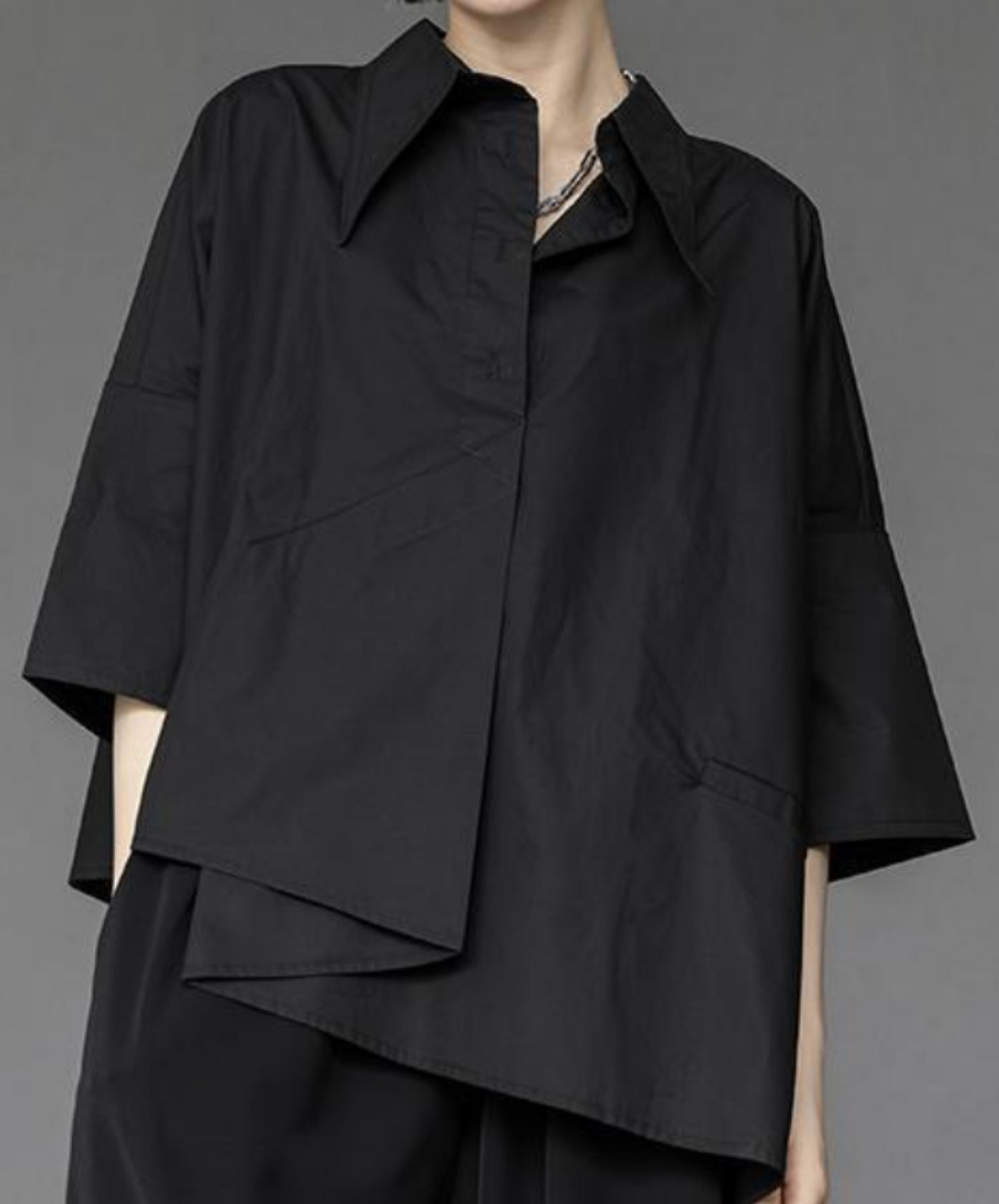 dark asymmetric tuck drape shirt EN2141