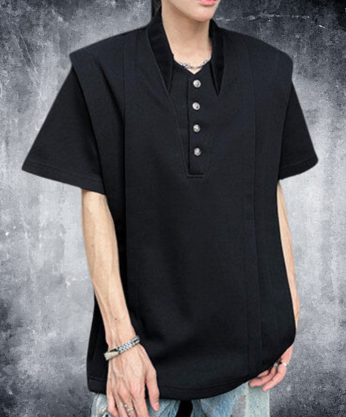 v-neck stand-up collar pleated t-shirt EN2189