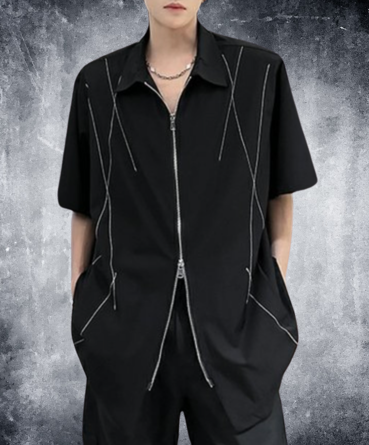dark white line double zipper shirt EN2078