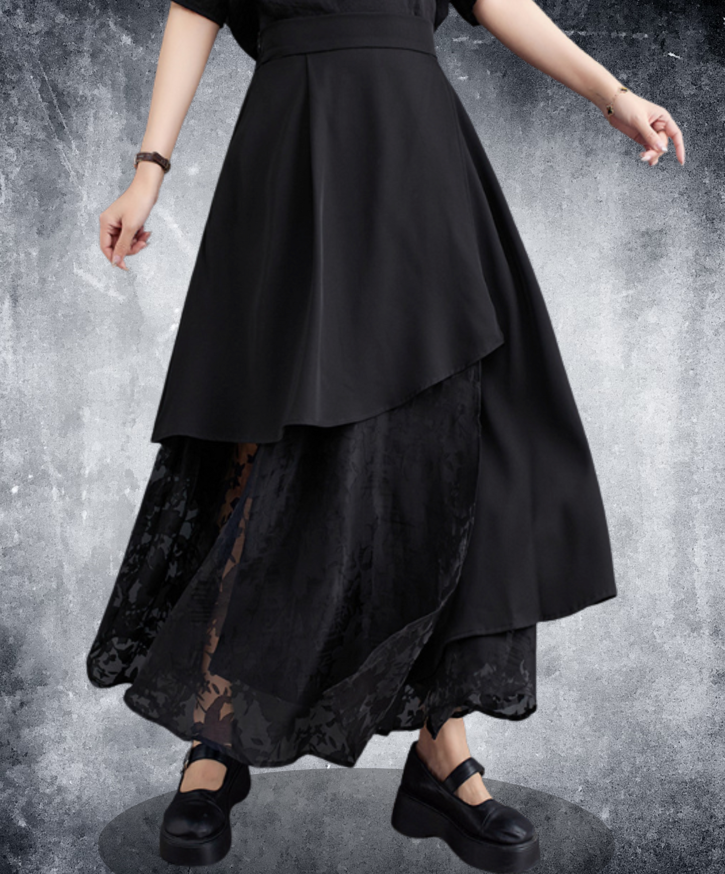 mixed material lacy a-line long skirt EN1957