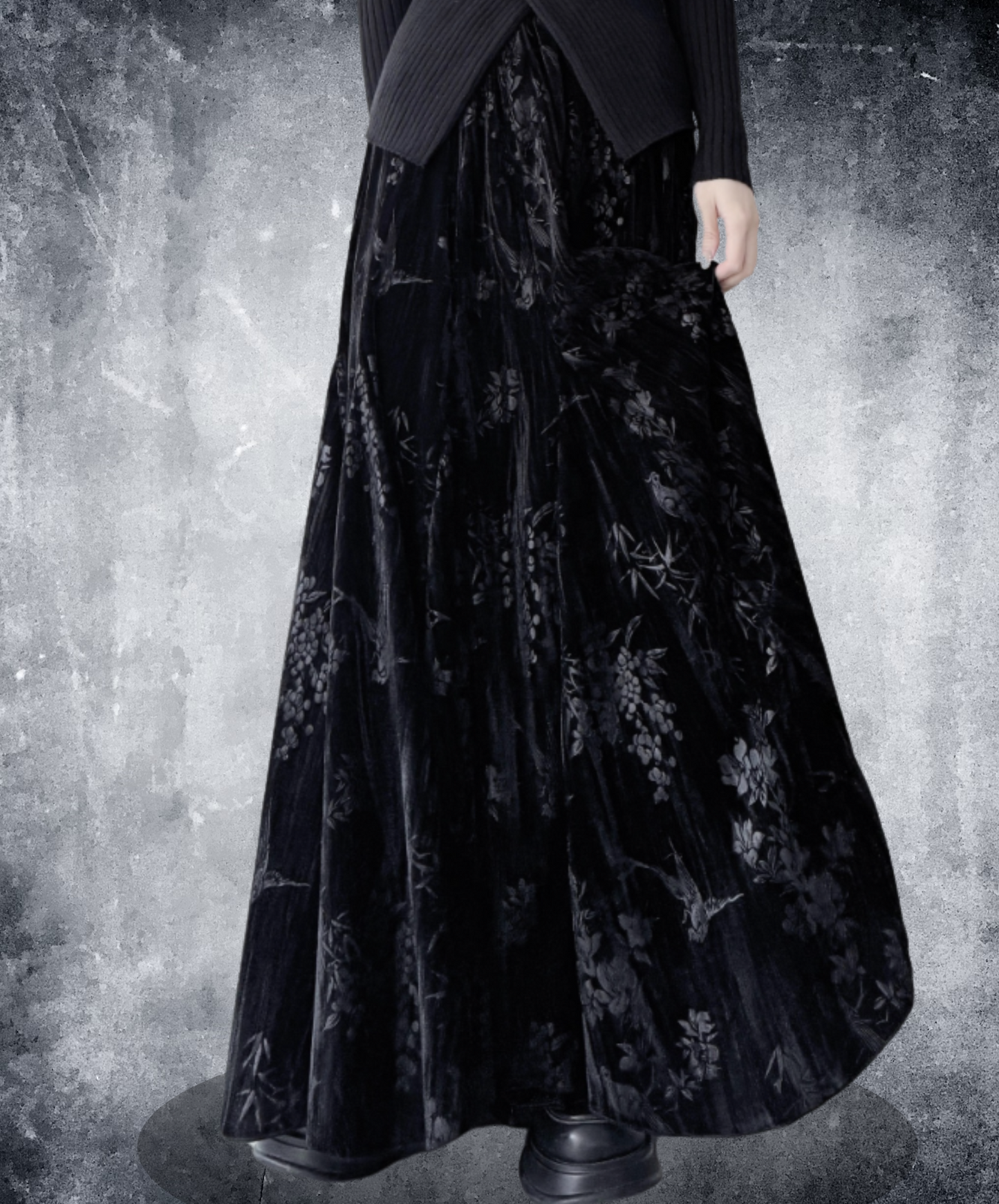 dark chinese style velvet print skirt EN2121