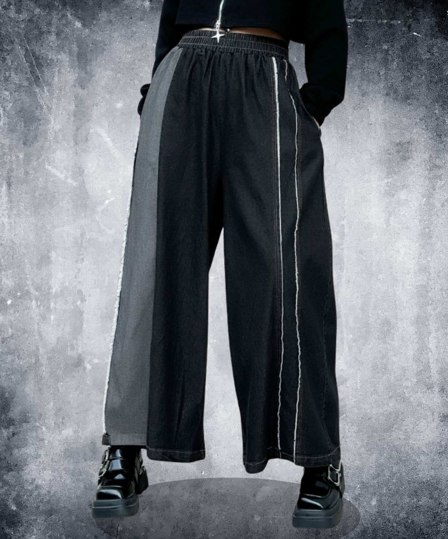 double white & fringe line wide pants EN2305