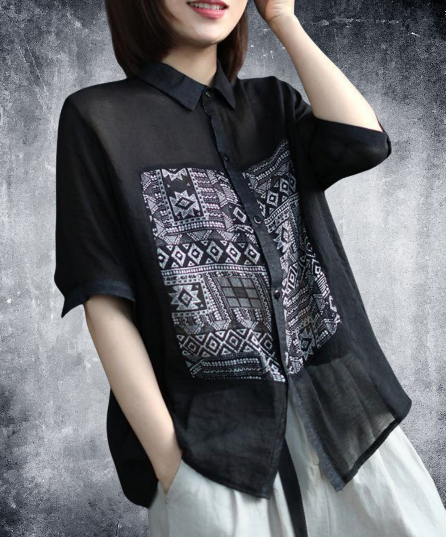 paisley print tencel ramie short sleeves shirt EN2268