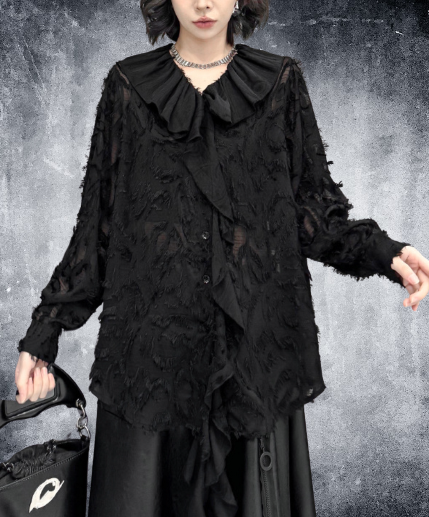 dark fringe lace & frills sheer shirt EN2318